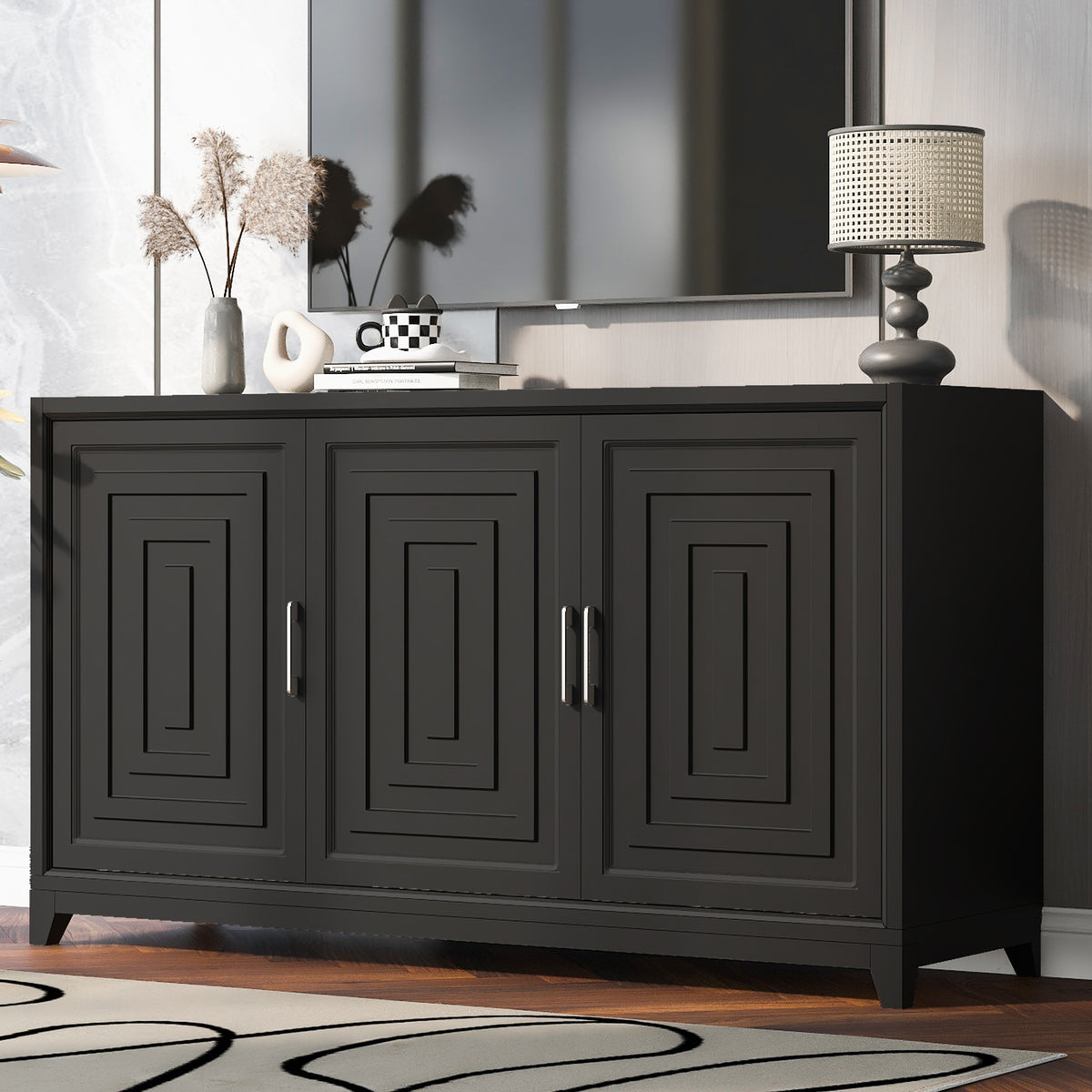 VIBE HAUS TV Stand For TVs Up To 65 Inches, Modern Entertainment Center Media Console Cabinet With 2 Spacious Storage Space, Solid Wood Legs For Living Room