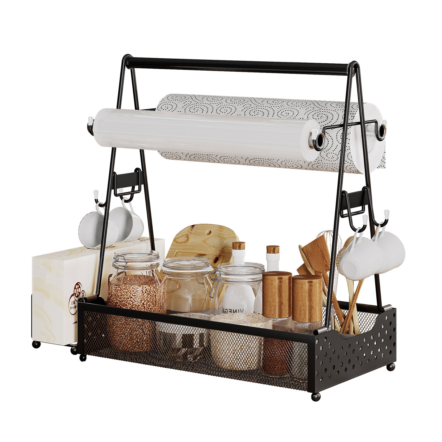 Utensil Caddy Metal Grill Caddy With Paper Towel Holders Utensil Holder For Outdoor Picnic Barbecue Camping Grilling Tools Storage Organizer Barbecue Accessories
