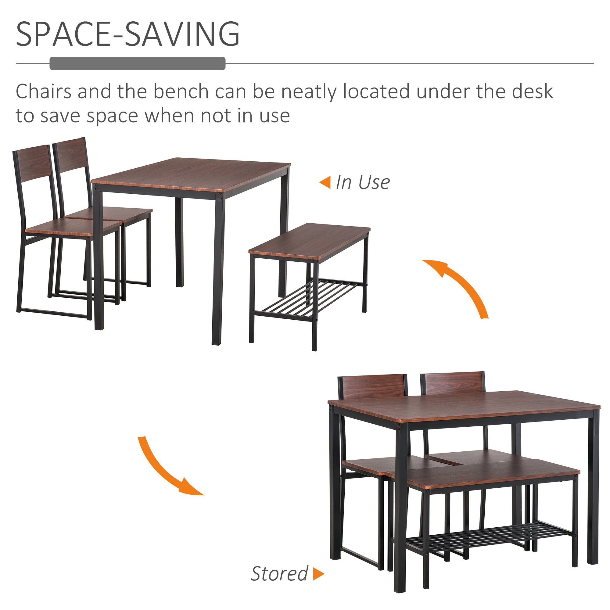 Industrial 4 Piece Dining Room Table Set with Bench Wooden Kitchen Table and Chairs w/ Storage Rack for Kitchen, Dinette, Rustic Brown/Black