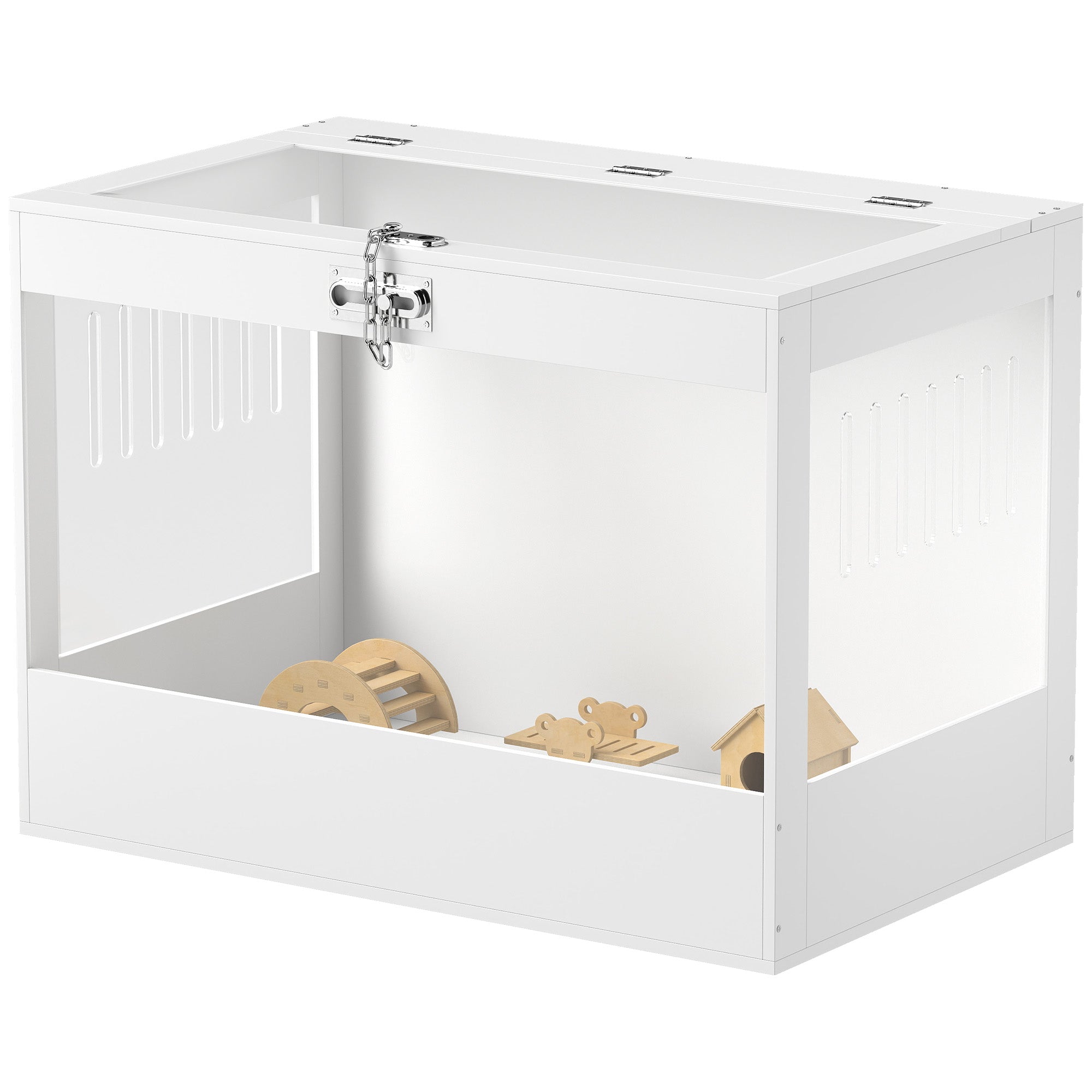 Hamster Cage with Openable Top & Lock, Hut, Transparent Acrylic Panels, Accessories, for Dwarf Hamster Gerbil, White