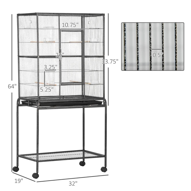 Rolling Metal Bird Cage Feeder With Detachable Rolling Stand, Storage Shelf, Wood Perch & Food Container