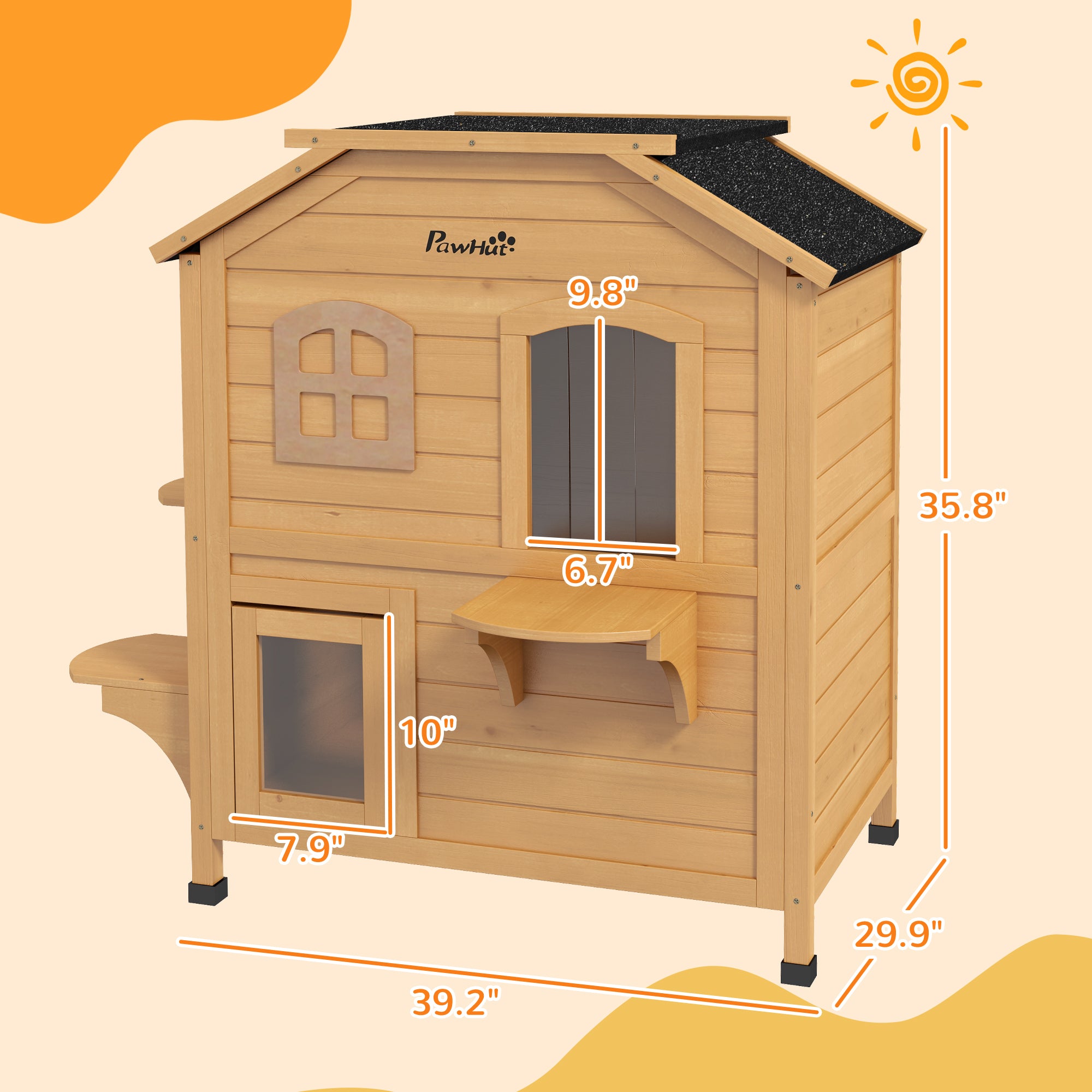  2-story Cat House Outdoor, Weatherproof Wooden Cat Enclosure for Feral Cats with Escape Door, Openable Roof, Jumping Platforms, Natural