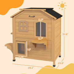  2-story Cat House Outdoor, Weatherproof Wooden Cat Enclosure for Feral Cats with Escape Door, Openable Roof, Jumping Platforms, Natural