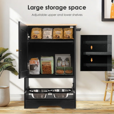 Feeding Station With 1 Storage Cabinets, Pet Feeding Station With 2 Elevated Dog Bowls, Side Hooks, Anti-tip Kit, Hidden Pet Feeder Station For Feeding  Watering, Black