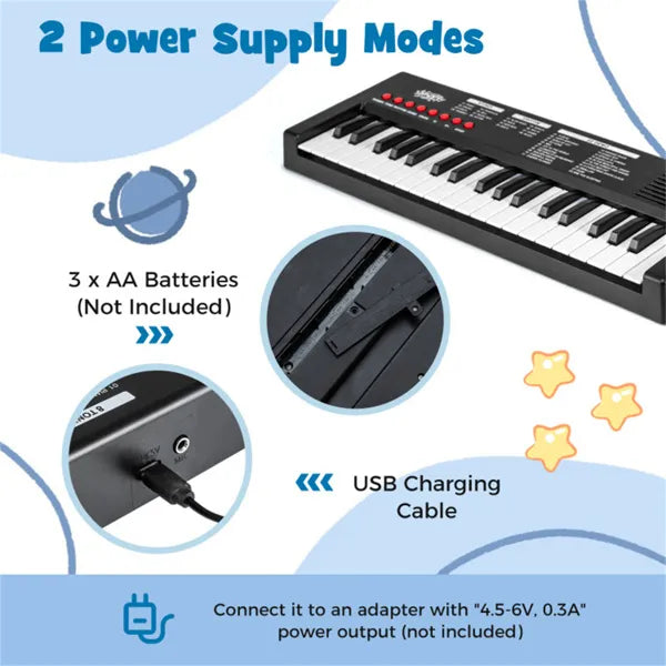 Black 37 Keys Kids Electronic Keyboard With Microphone, 8 Tones & 8 Rhythms Piano Toy For Ages 3+