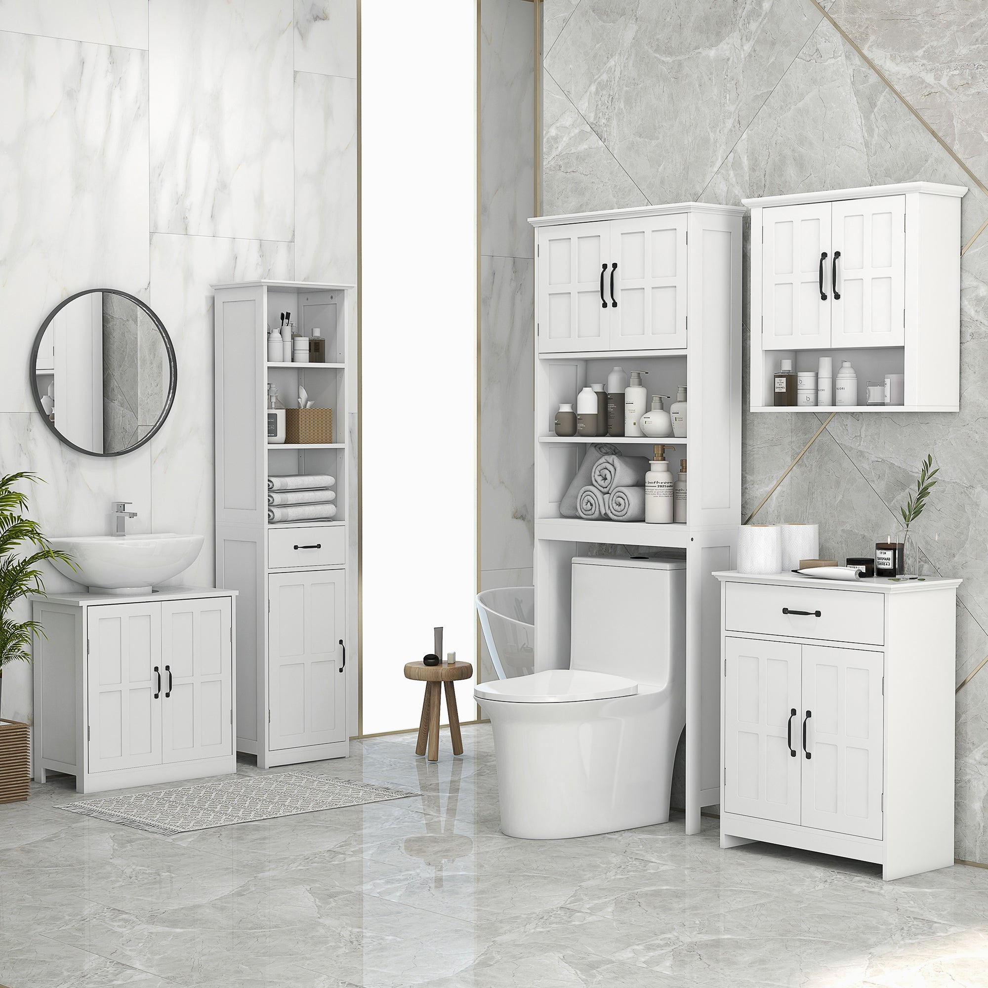Bathroom Storage Cabinet, Modern Bathroom Cabinet with 2 Doors, Storage Drawer & Adjustable Shelf, White