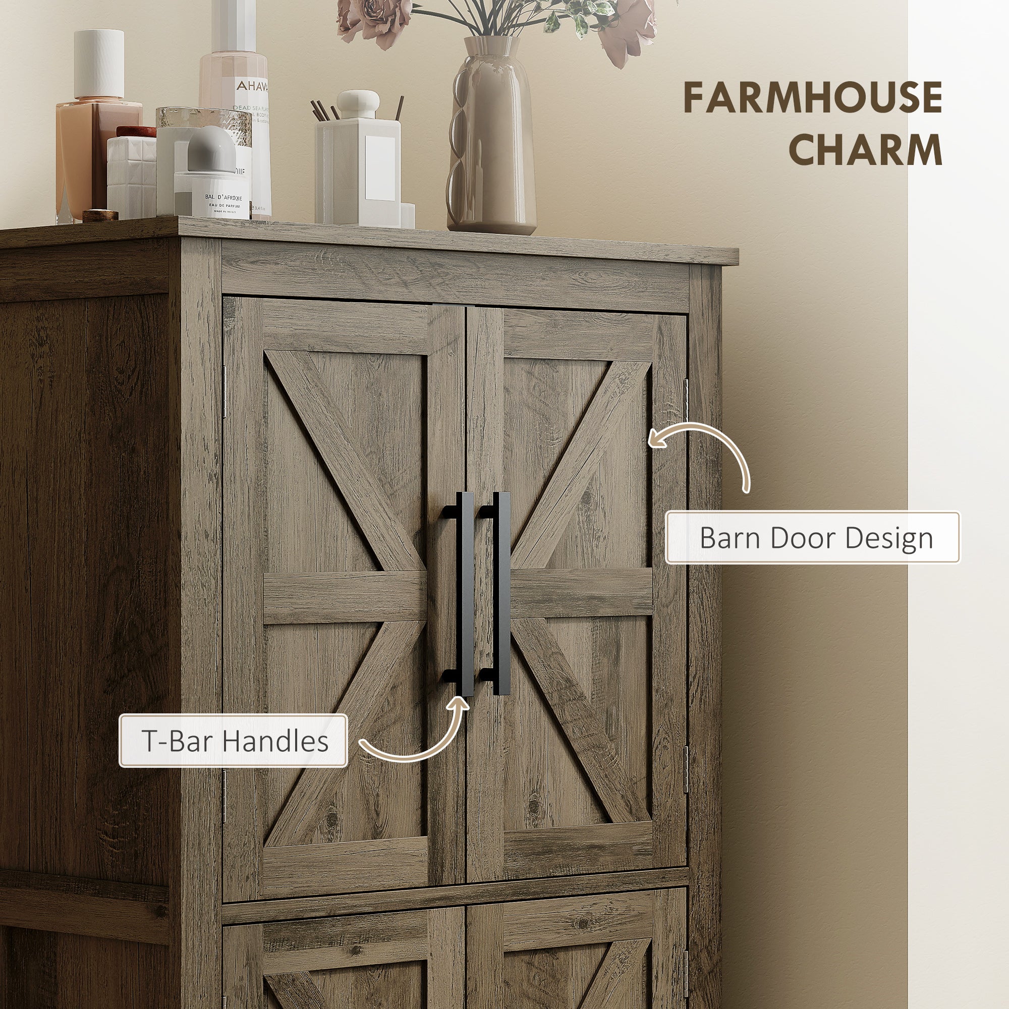 Bathroom Floor Storage Cabinet, Farmhouse Bathroom Cabinet with 4 Doors and Adjustable Shelf, Brown