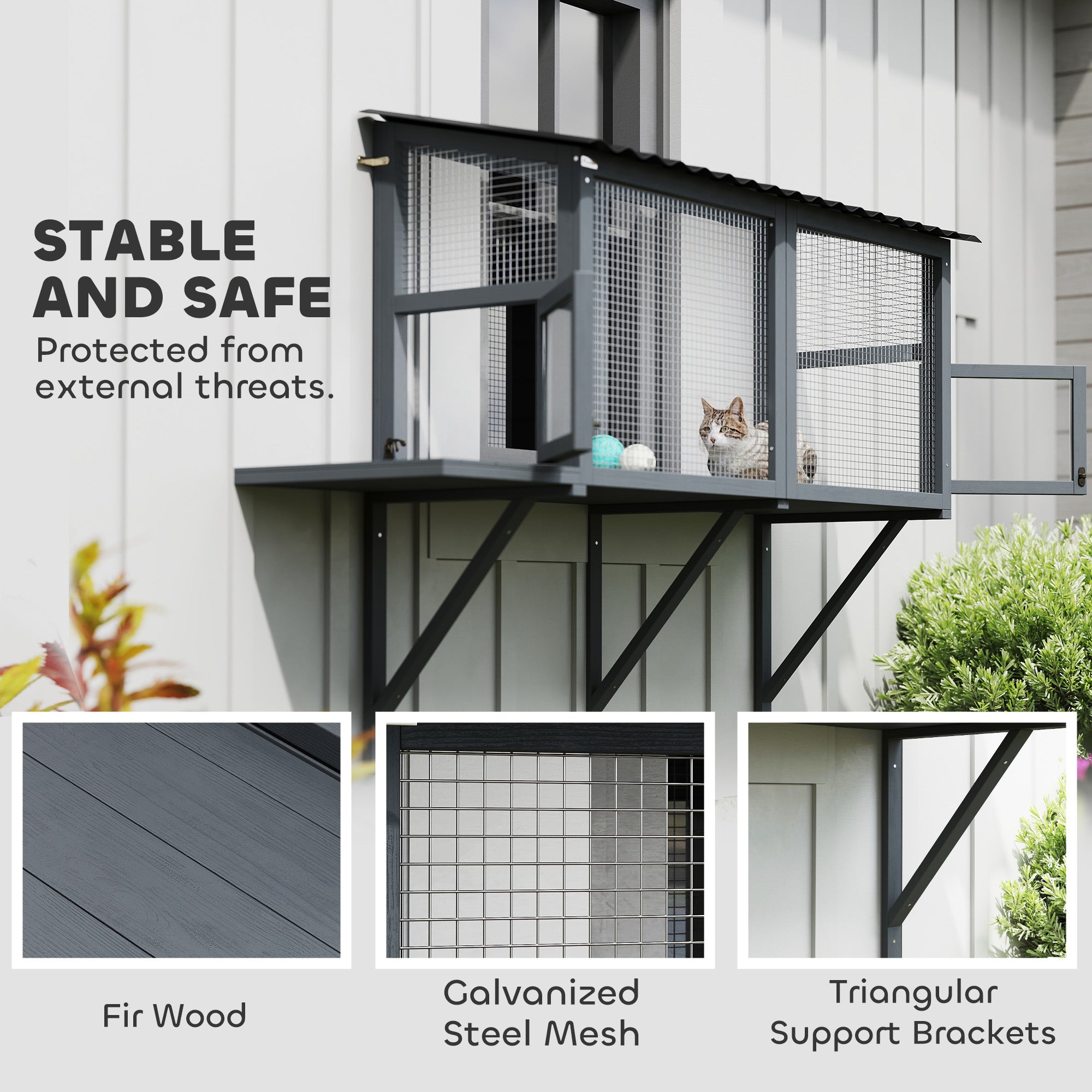 Wooden Cat Catio, Outdoor Cat Enclosure Window Perch with Jumping Platform, for Safely Enjoying Outdoor Sights, Gray