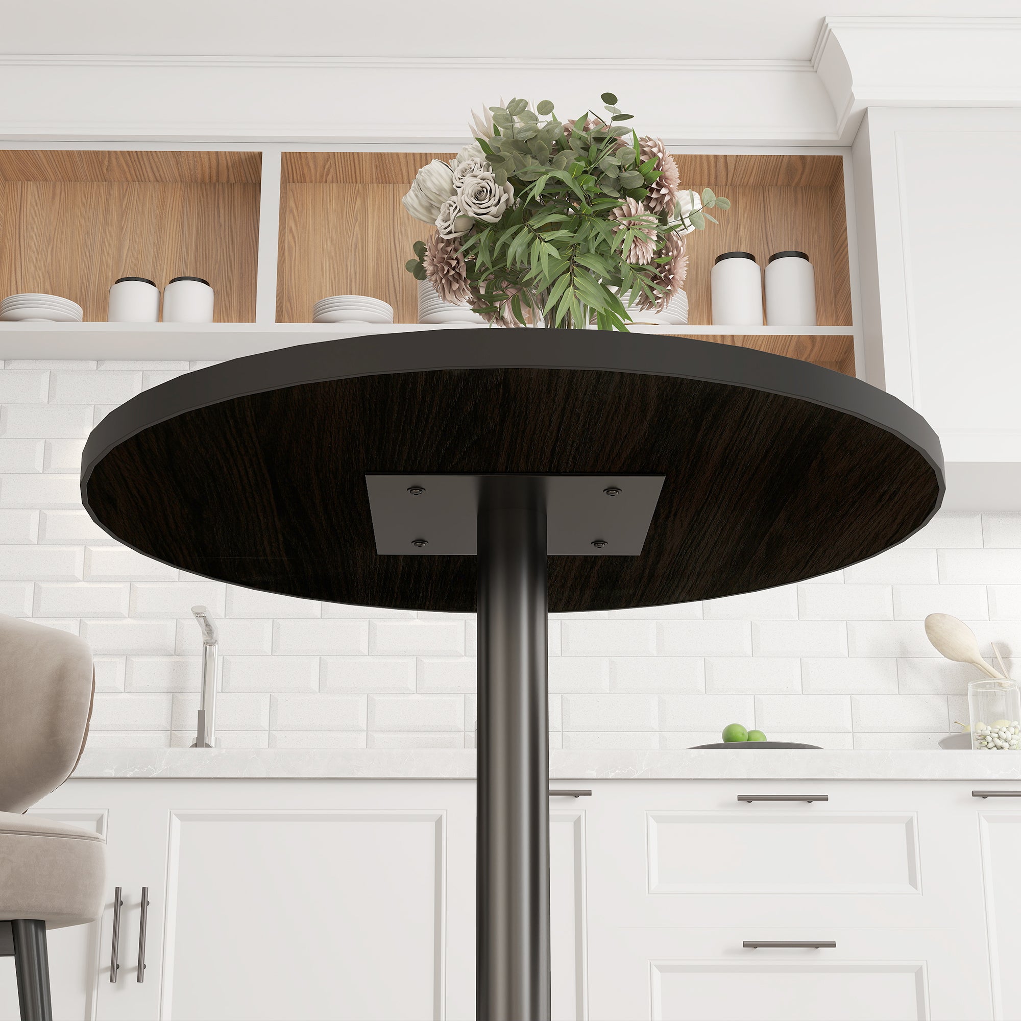 Round Dining Table for 2-4 People, Small Kitchen Table with Wood Grain Top, Black