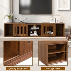 Mid-Century Modern 54.3 Extendable TV Stand Up To  With Cat House  Litter Box Enclosure  Walnut Wood Entertainment Center, Sliding Doors, Hidden Pet Furniture