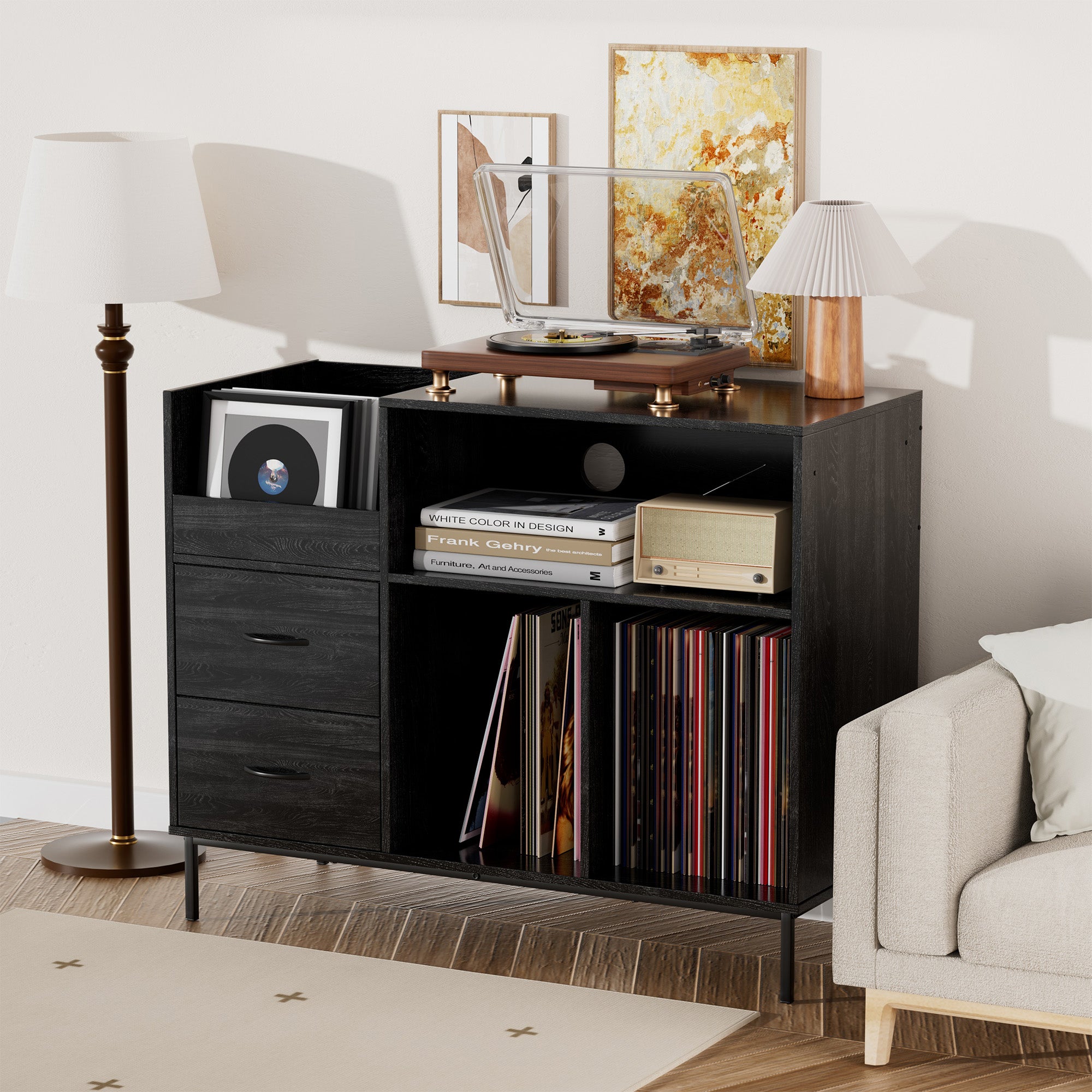 Record Player Stand With Power Outlet  Flip-Down Lid, Turntable Table With Storage For 300 Vinyls, Black Wood Grain Media Console With 2 Drawers, 27.6 With Dust Protection, Some Assembly Required,
