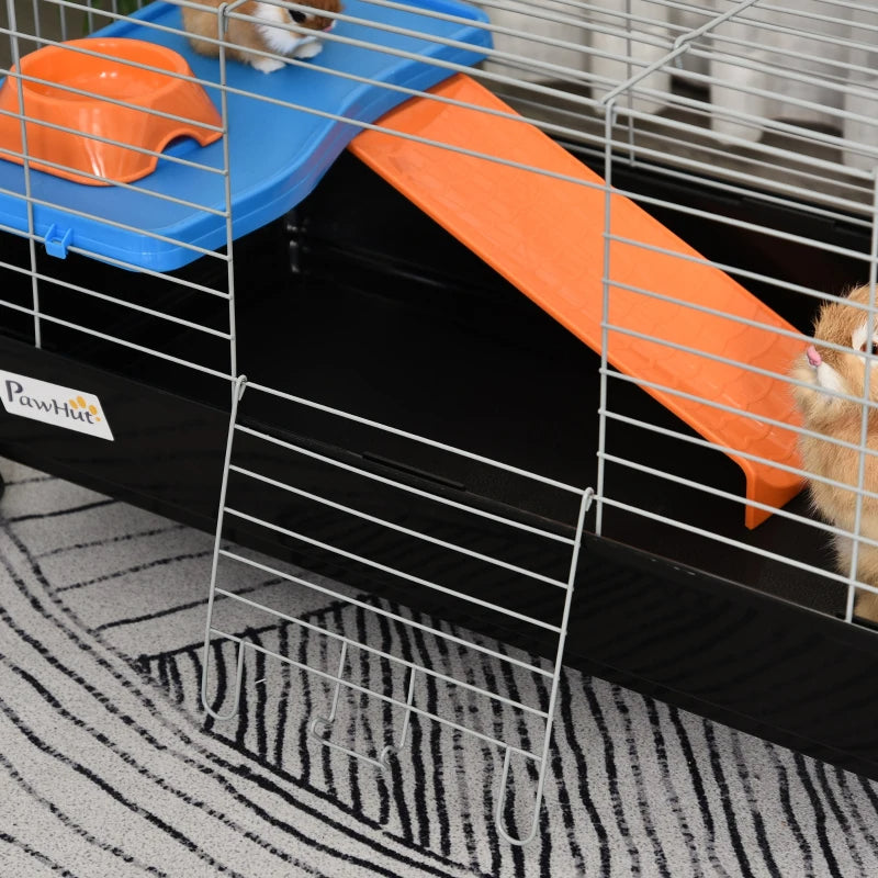 Small Animal Cage With Food Dish, Water Bottle, Hay Feeder, Platform, Ramp For Chinchilla, Black