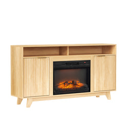 Oak Fireplace TV Stand With 23 Inch Insert, Double Grid Doors, Gold Handles & 2 Shelves, Media Console 58 X 13.6 X 32 Inch