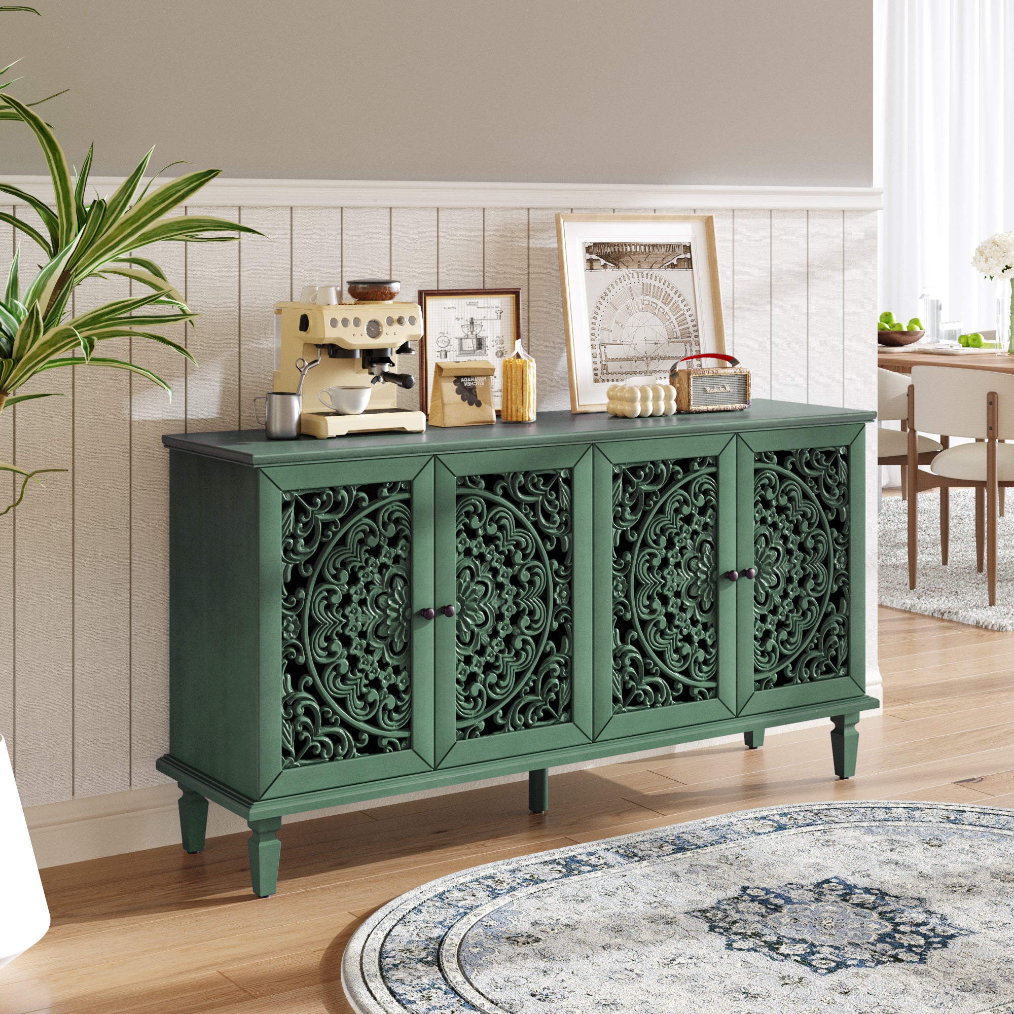 60 Antique Buffet Cabinet With Floral Carvings With Solid Wood Legs Antique Brass Handles Adjustable Shelves, TV Stand For 65  TV, Sideboard For Living Room,Dining Room Antique Green