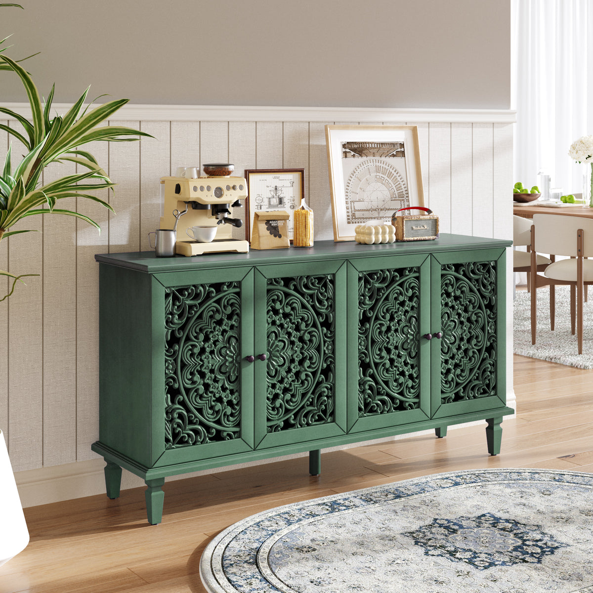 60 Antique Buffet Cabinet With Floral Carvings With Solid Wood Legs Antique Brass Handles Adjustable Shelves, TV Stand For 65  TV, Sideboard For Living Room,Dining Room Antique Green