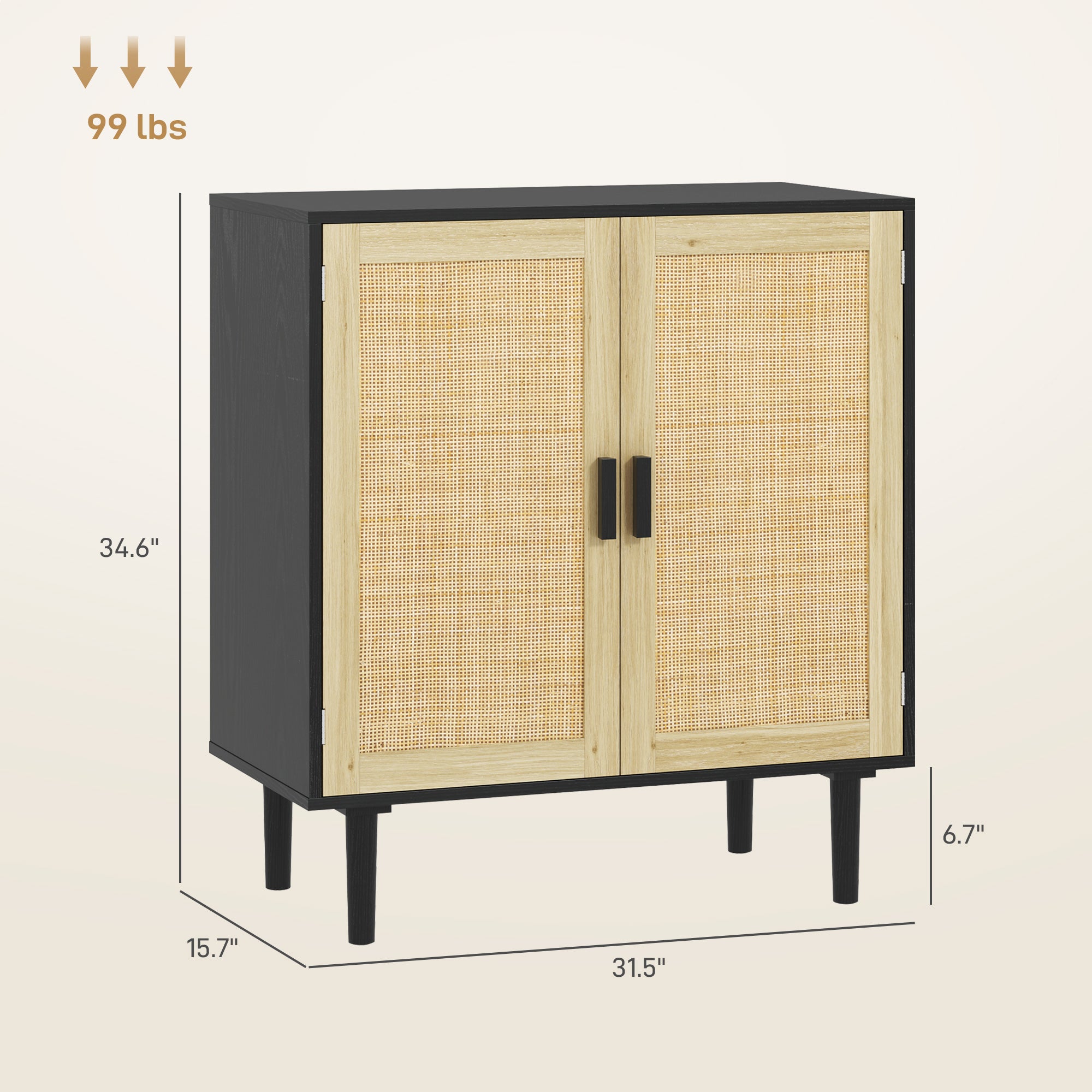 Bohemian Sideboard, 31.5" Buffet Cabinet with 2 Rattan Doors and Shelves for Living Room, Hallway, Black