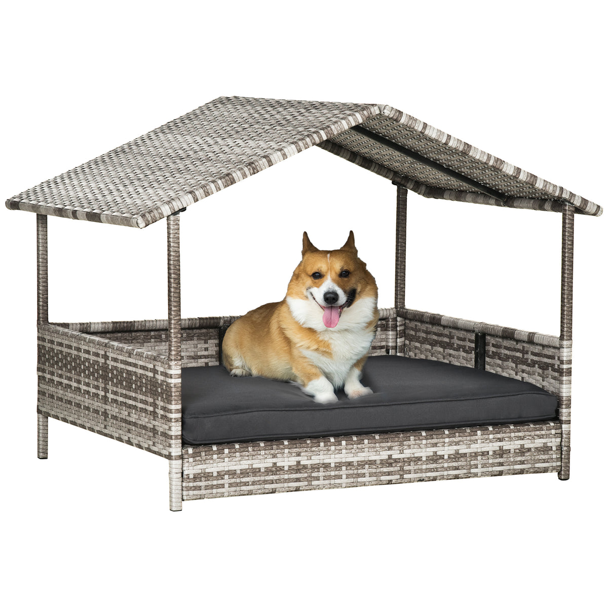 Wicker Dog House Elevated Raised Rattan Bed with Removable Cushion Lounge, Charcoal Gray