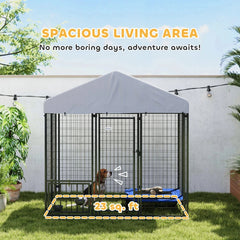 Outdoor Dog Kennel With Roof, Rotating & 4-Level Adjustable Bowls