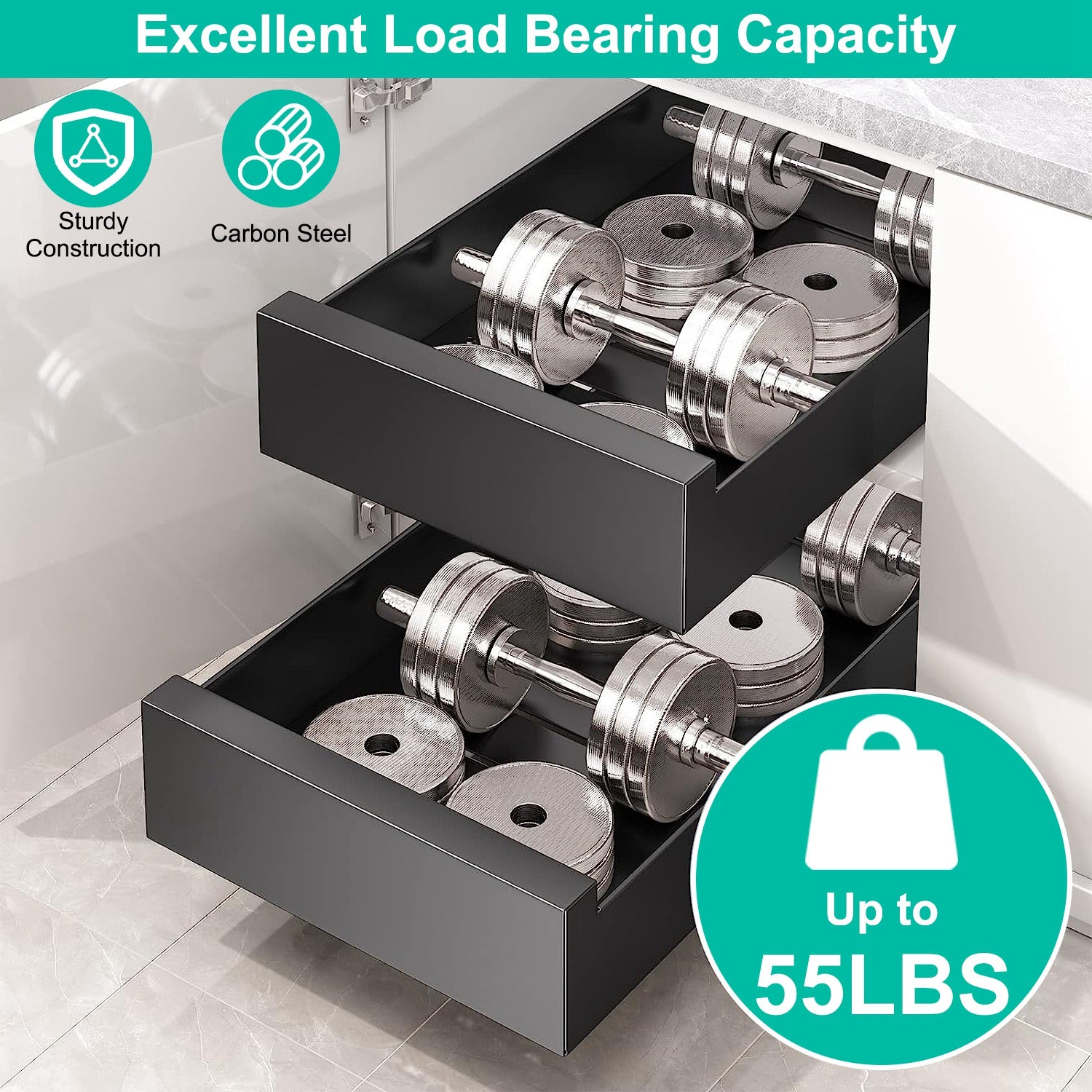 1Pc Pull Out Cabinet Organizer Carbon Steel Slide Out Drawer Storage Smooth Quiet Slide Rails For Kitchen Bathroom Living Room Black 11.81x16.92x2.75inch