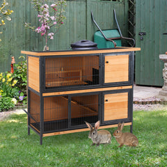 48" 2-Story Large Rabbit Hutch Bunny Cage Wooden Pet House Metal Frame with Rooms, Ramp, No Leak Tray, Feeding Trough, Waterproof Asphalt Roof for Rabbits, Chickens, Ducks, Outdoor/Indoor