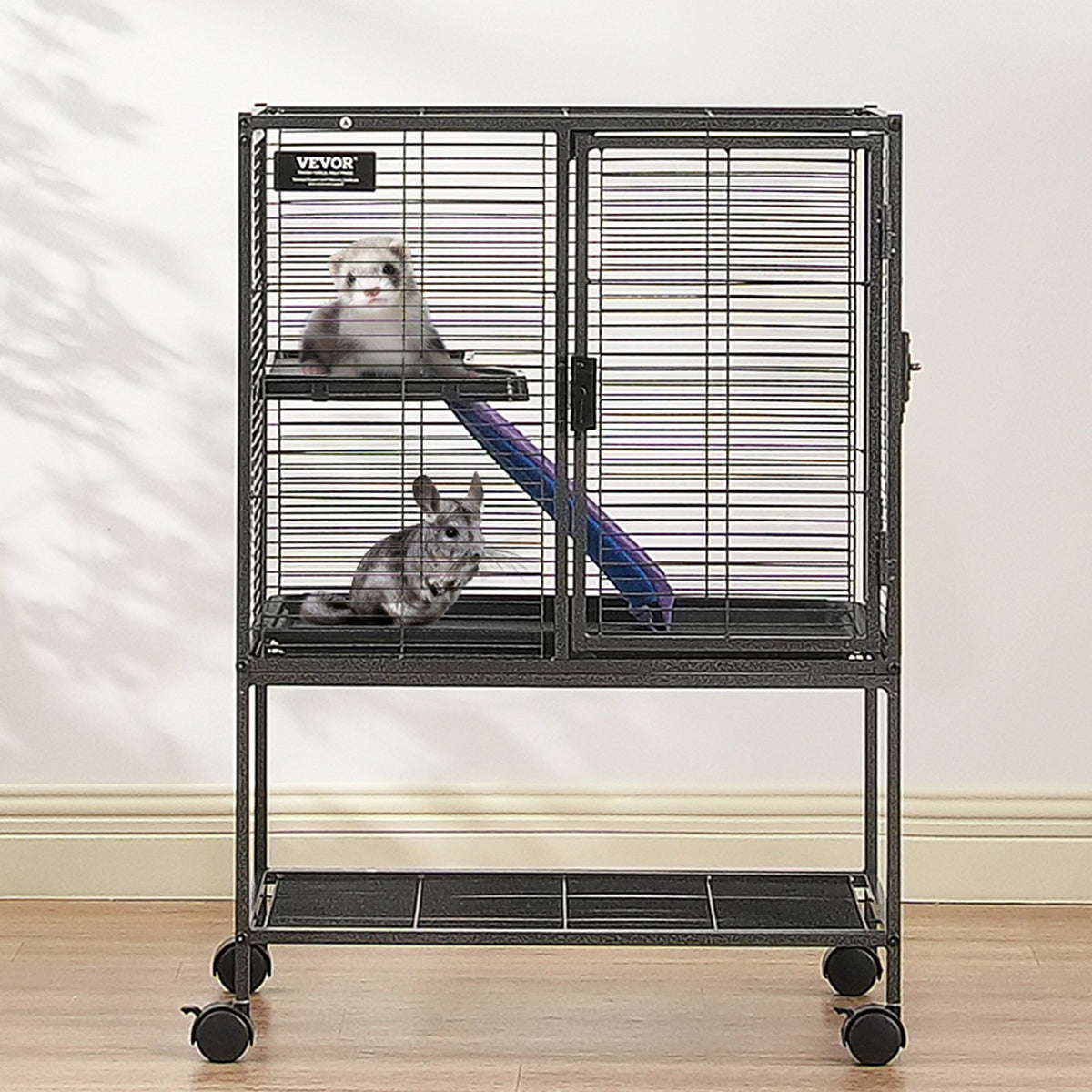 34' Metal Small Animal Cage 2-Tier Rolling Ferret Cage With Tray A Ramp