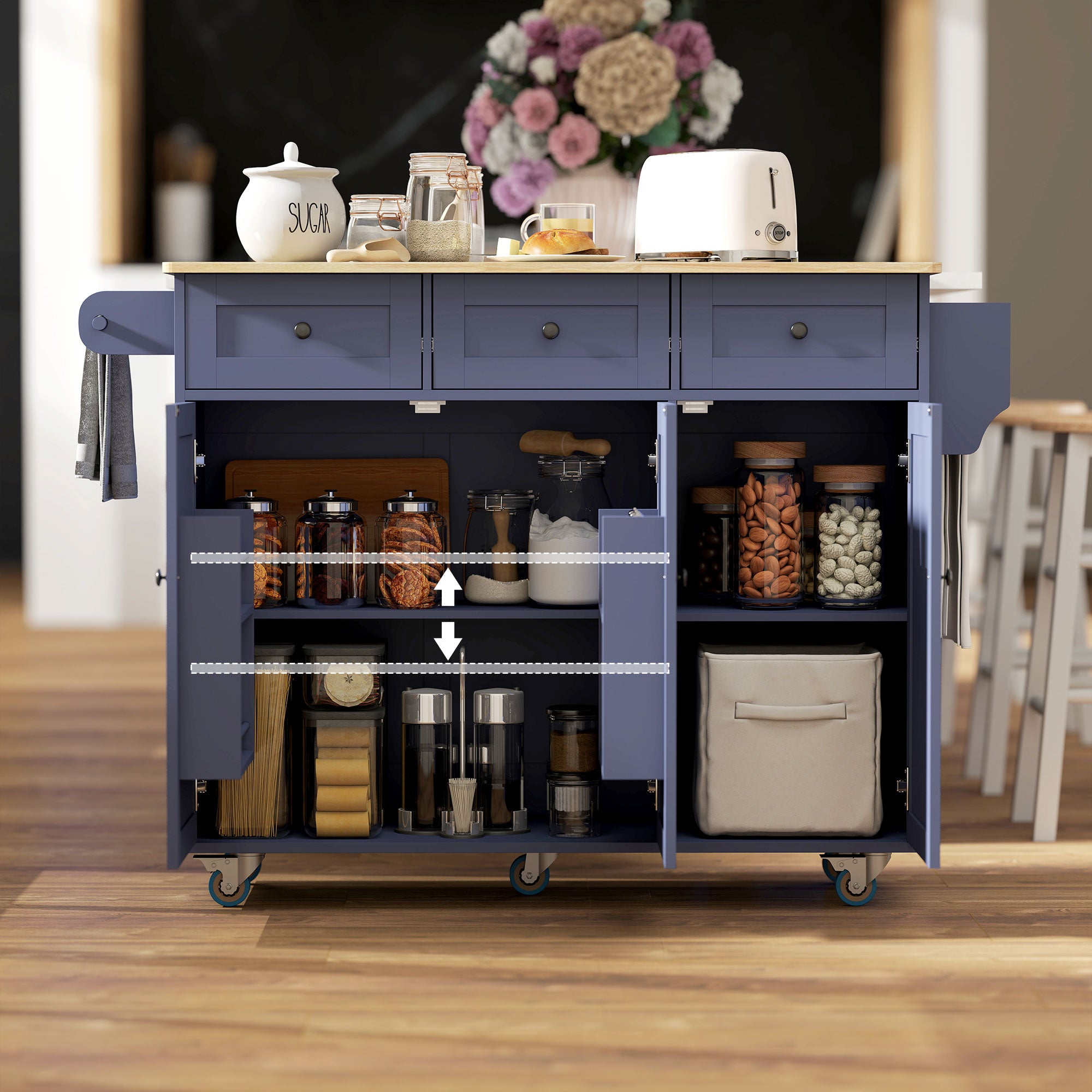 Kitchen Island on Wheels with Drop Leaf, Charging Station, Rolling Kitchen Cart with Wood Top, Adjustable Shelf, Blue