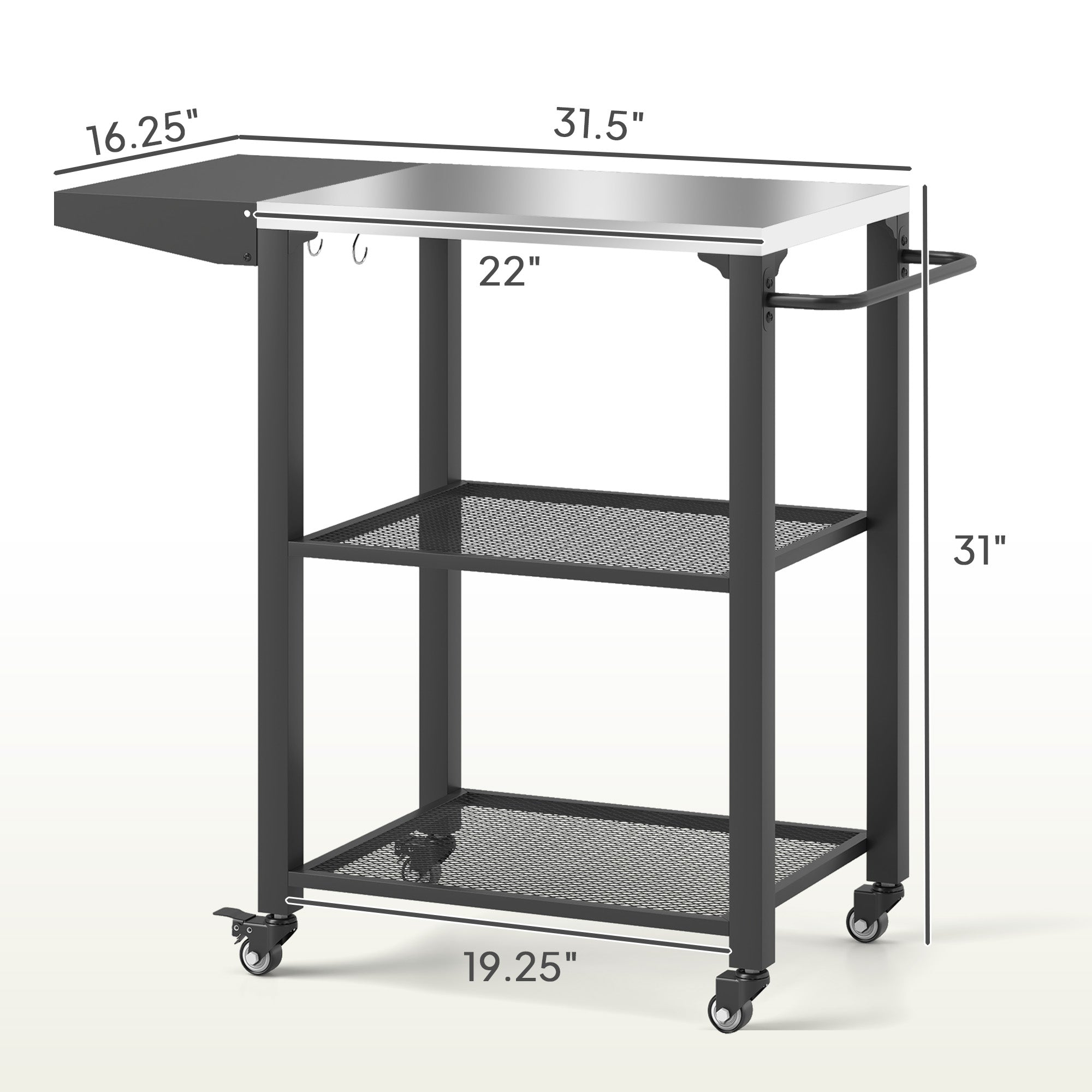 Three-Shelf Outdoor Grill Cart Table With Foldable Side Table, Stainless Steel Top Pizza Oven Stand With Hooks, Silver