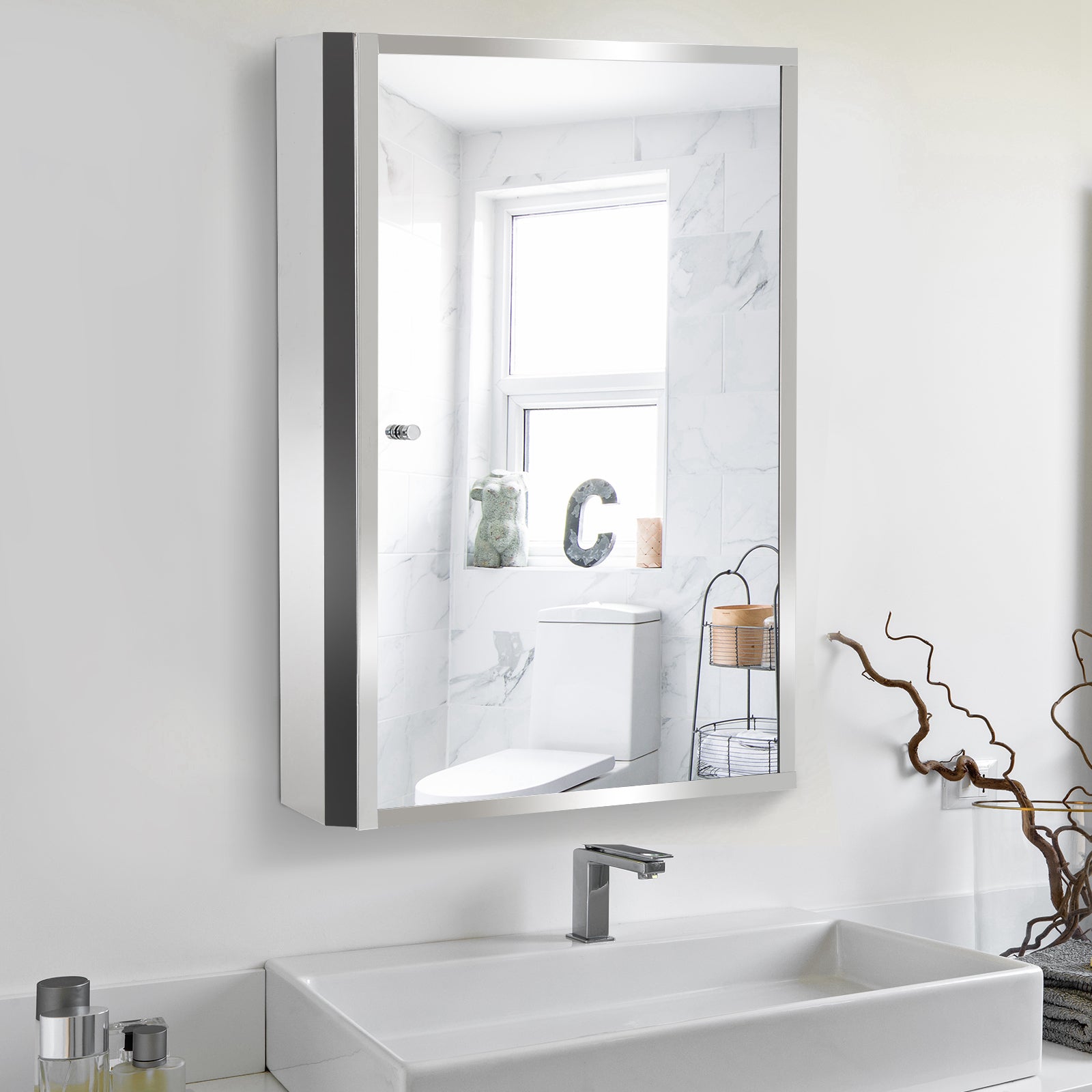 Bathroom Mirrored Cabinet, Vertical 16" x 24" Stainless Steel Frame Medicine Cabinet, Wall-Mounted Storage Organizer with Single Door