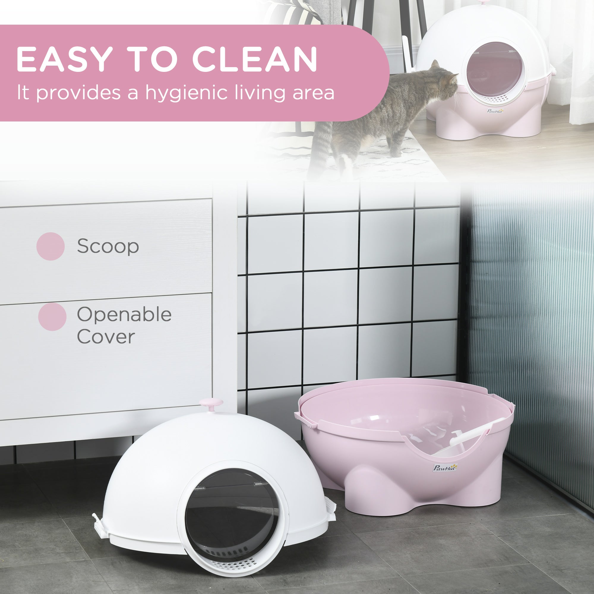 Hooded Cat Litter Box, Large Kitty Litter Pan with Lid, Scoop, Leaking Sand Pedal, Top Handle, Light Pink