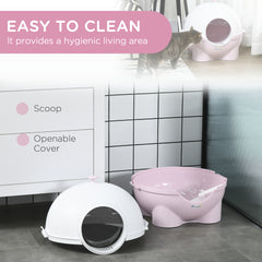 Hooded Cat Litter Box, Large Kitty Litter Pan with Lid, Scoop, Leaking Sand Pedal, Top Handle, Light Pink