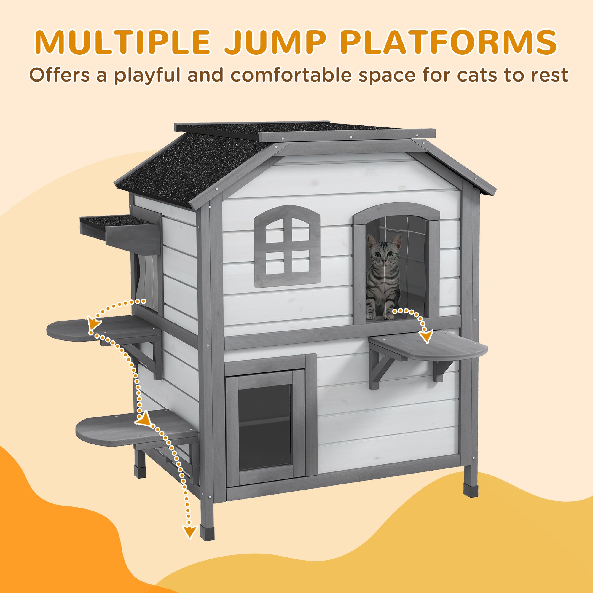  2-story Cat House Outdoor, Weatherproof Wooden Cat Enclosure for Feral Cats with Escape Door, Openable Roof, Jumping Platforms, White