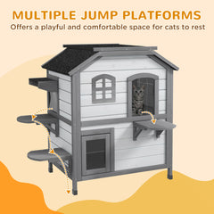  2-story Cat House Outdoor, Weatherproof Wooden Cat Enclosure for Feral Cats with Escape Door, Openable Roof, Jumping Platforms, White