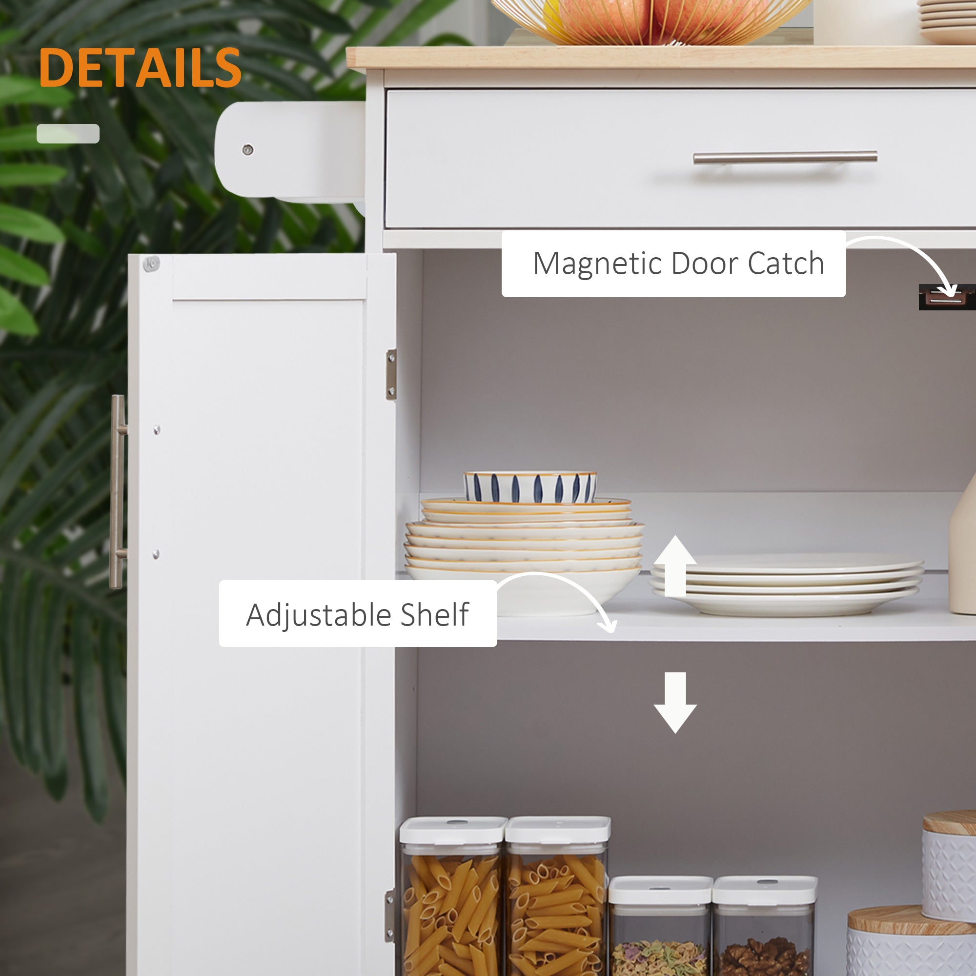 Kitchen Island Cart, Rolling Island Table with Solid Wood Top, Trolley Cart with Drawer, Storage Cabinet & Towel Rack, White