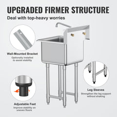 Stainless Steel Prep & Utility Sink, 1 Compartment Free Standing Small Sink Include Faucet & Legs, 18"x41" Commercial Single Bowl Sinks For Garage, Restaurant, Kitchen, Laundry