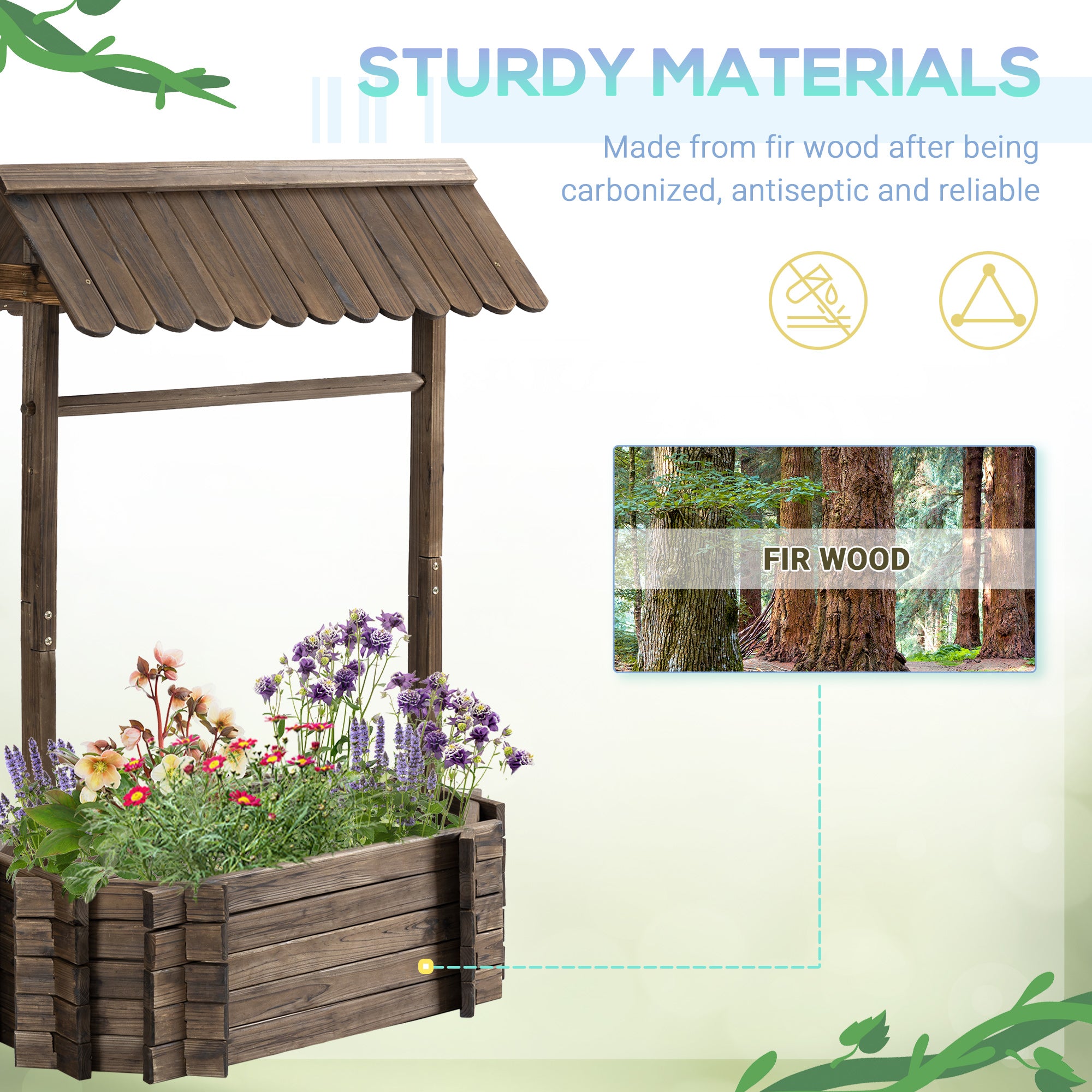 Wishing Well Planter, Wooden Raised Garden Bed, Ornamental Outdoor Flower Planter For Outdoor Garden