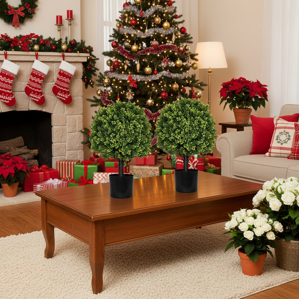 2PCS Set 22in Artificial Trees Natural Topiary Balls Outdoor Decor Pre-Lit Faux Plants For Porch Patio Balcony Year-Round Holiday Home Decor Vibrant Greenery