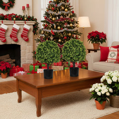 2PCS Set 22in Artificial Trees Natural Topiary Balls Outdoor Decor Pre-Lit Faux Plants For Porch Patio Balcony Year-Round Holiday Home Decor Vibrant Greenery