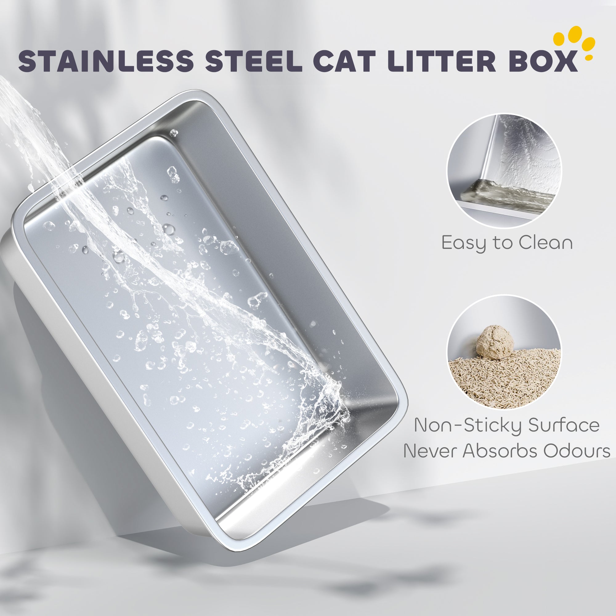 Stainless Steel Litter Box with High Sides, Metal Cat Litter Box with Scoop, Pedal, Anti-Urine Leakage, Non-Sticky