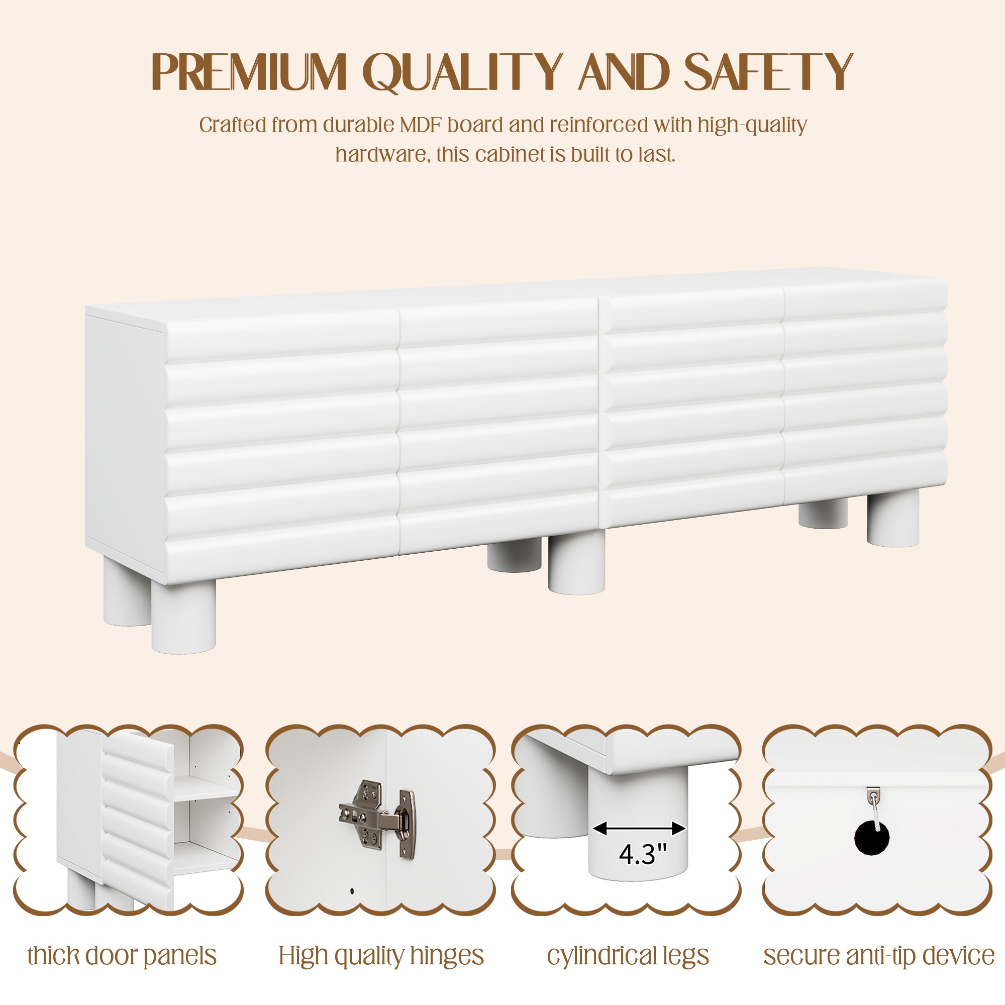Stylish Thick Wavy Door TV Cabinet With Adjustable Shelves, Cream Style TV Stand With 4 Cabinets For TVs Up To 75, Solid Media Console With Cylindrical Legs And Cable Holes For Living Room, White