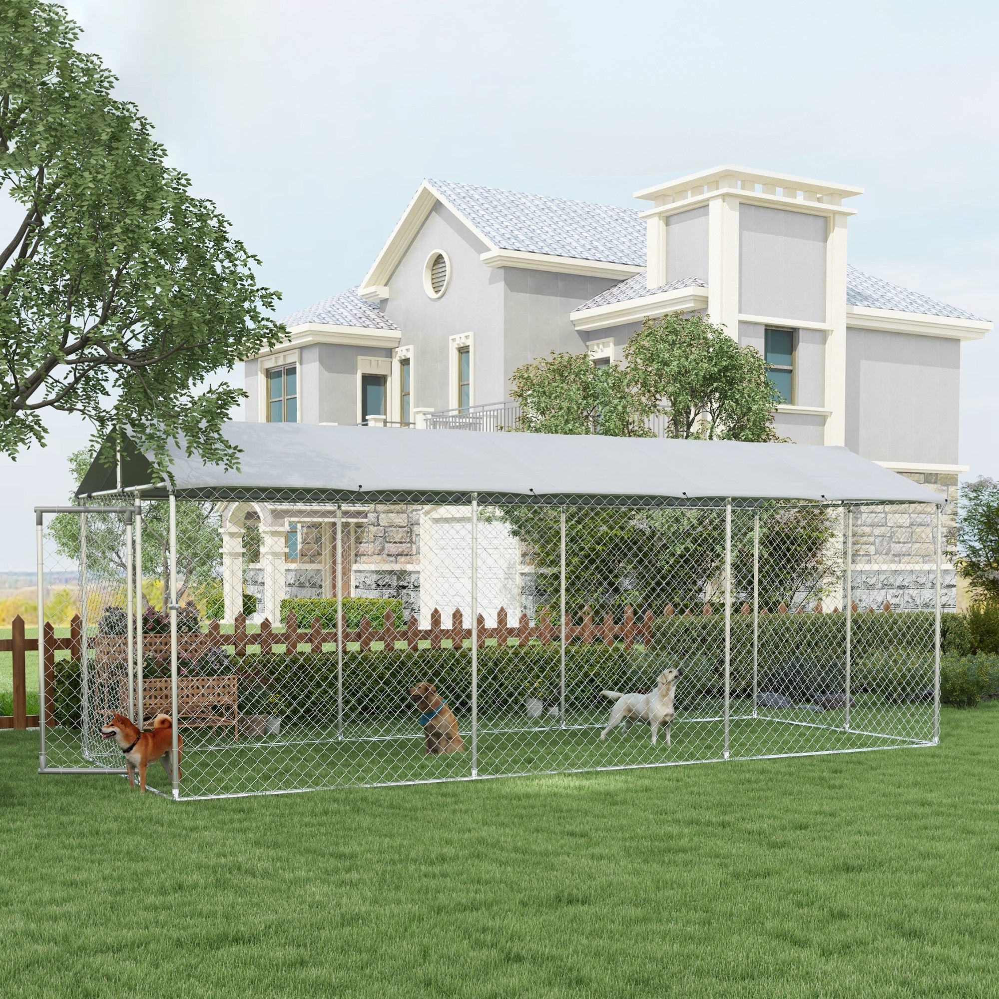 19.7' x 7.5' x 7.5' Outdoor Dog Kennel for Large-Sized Dogs with Waterproof UV Resistant Roof, Silver