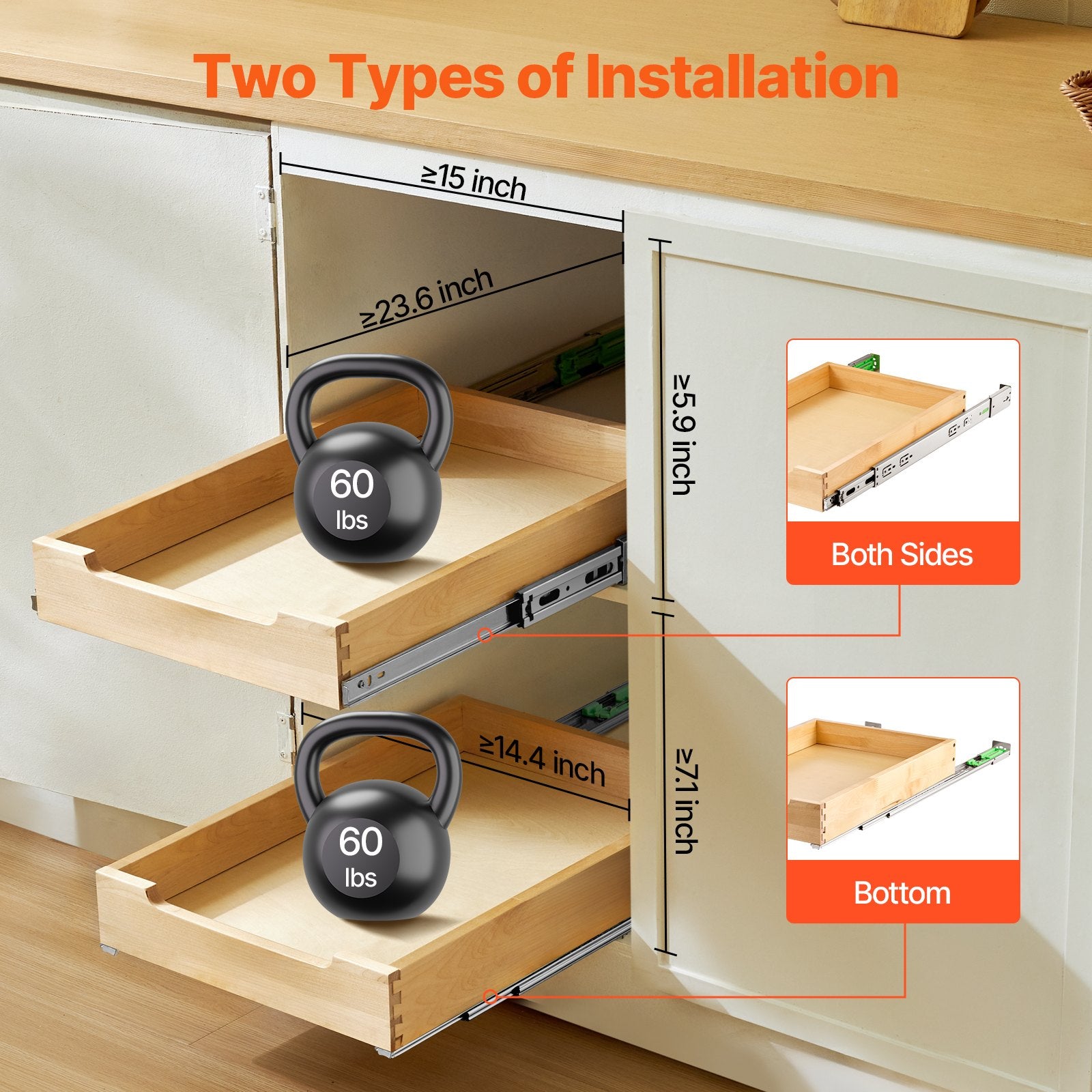 Pull Out Cabinet Organizer Soft Close Slide Out Shelf Wood Drawer 14'W X 21'D