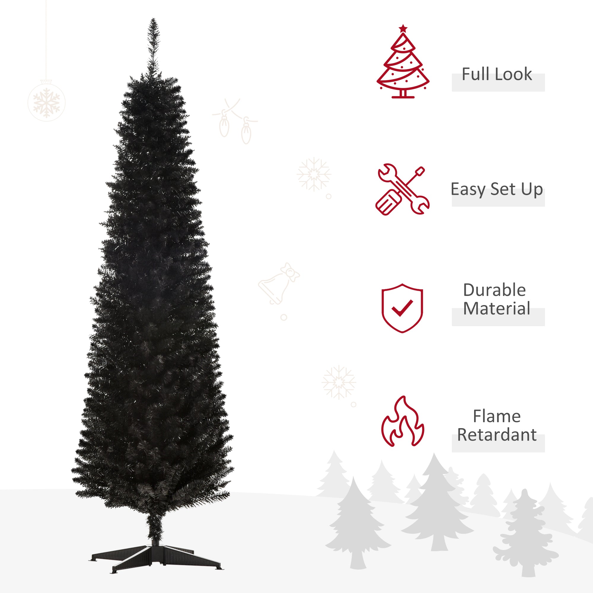 6' Artificial Pencil Christmas Tree, Slim Xmas Tree with 390 Realistic Branch Tips and Plastic Stand, Black