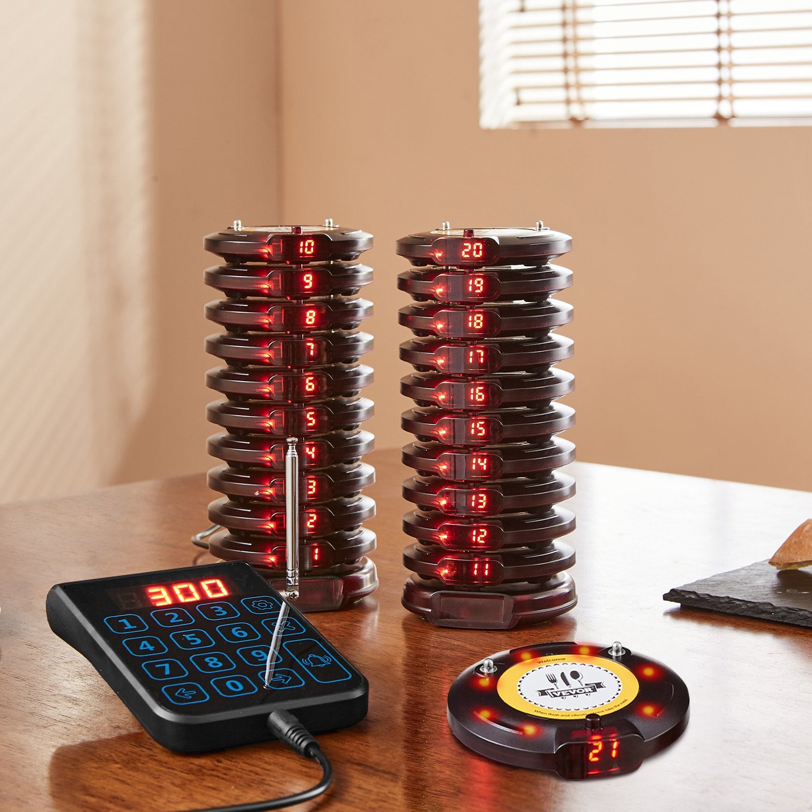 Restaurant Pager System, Wireless 500m Long Range Lineup Waiting Queue Signal, Guest Customer Calling Beepers With Vibration & Flashing, 20 Buzzers For Food Truck, Church, Nursery, Hospital