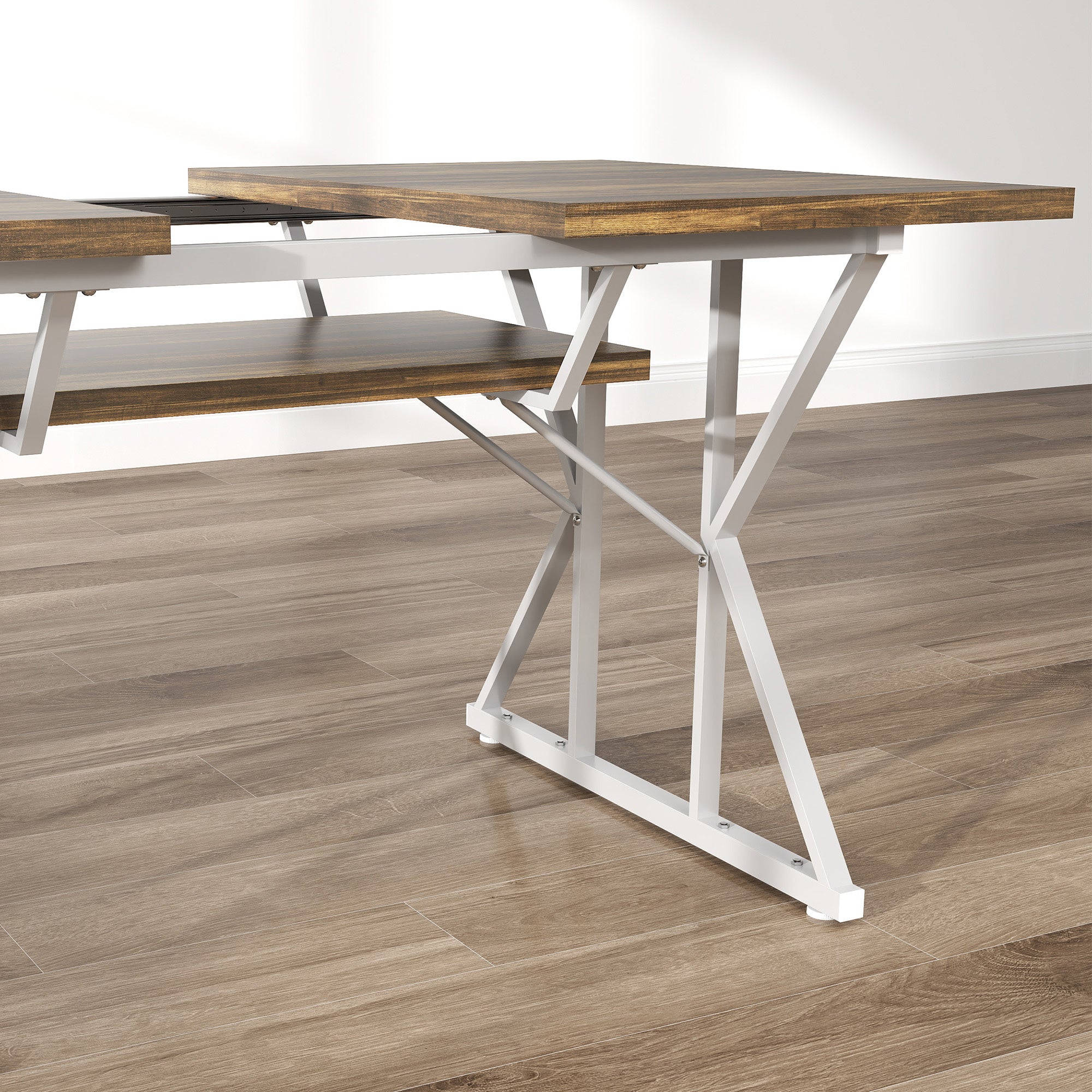 47"-63" Extendable Dining Table for 4-6, Farmhouse Expandable Kitchen Table with Heavy Duty Trestle Base, Brown
