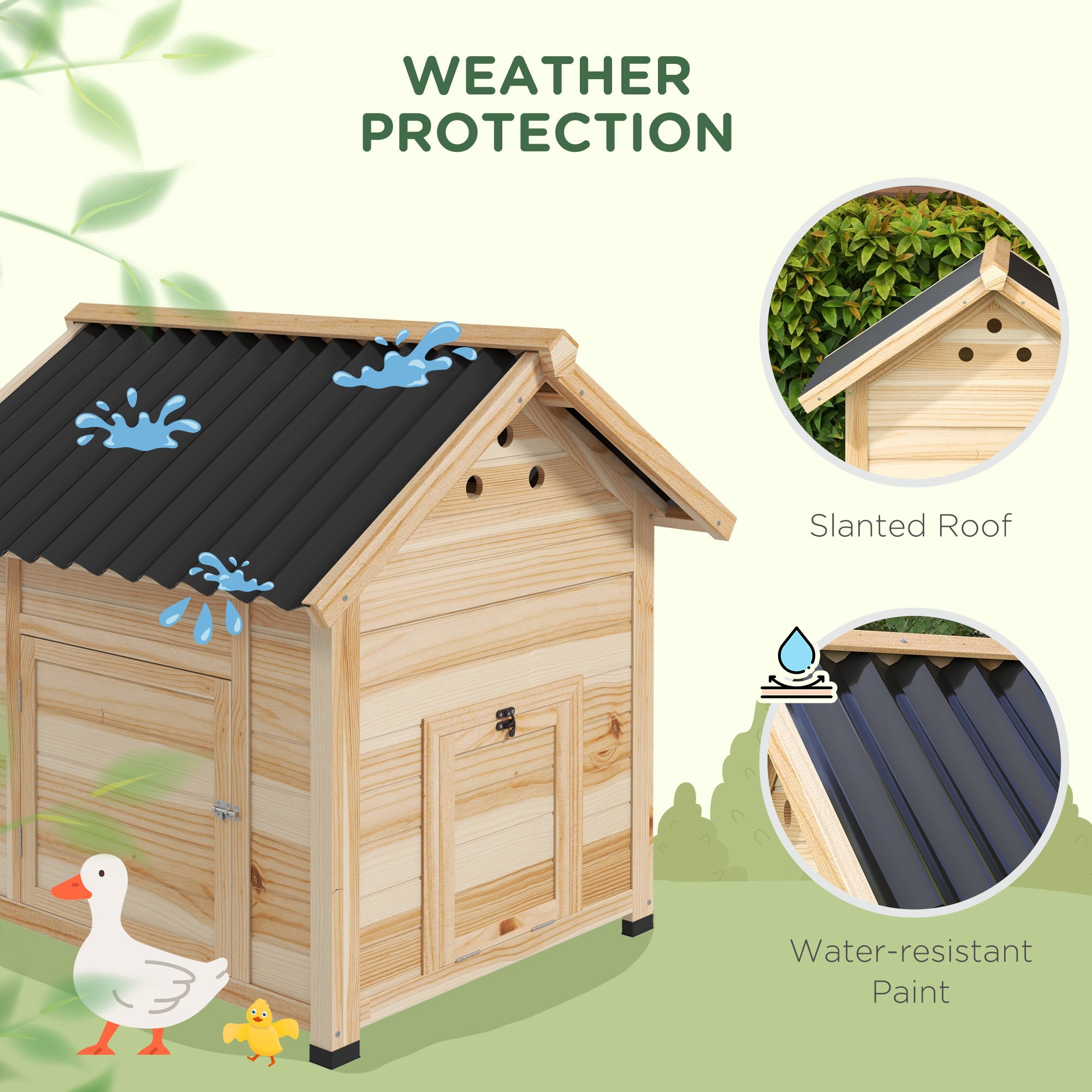 Duck Coop, Wooden Duck House with Openable Roof & Double Doors, Natural Wood
