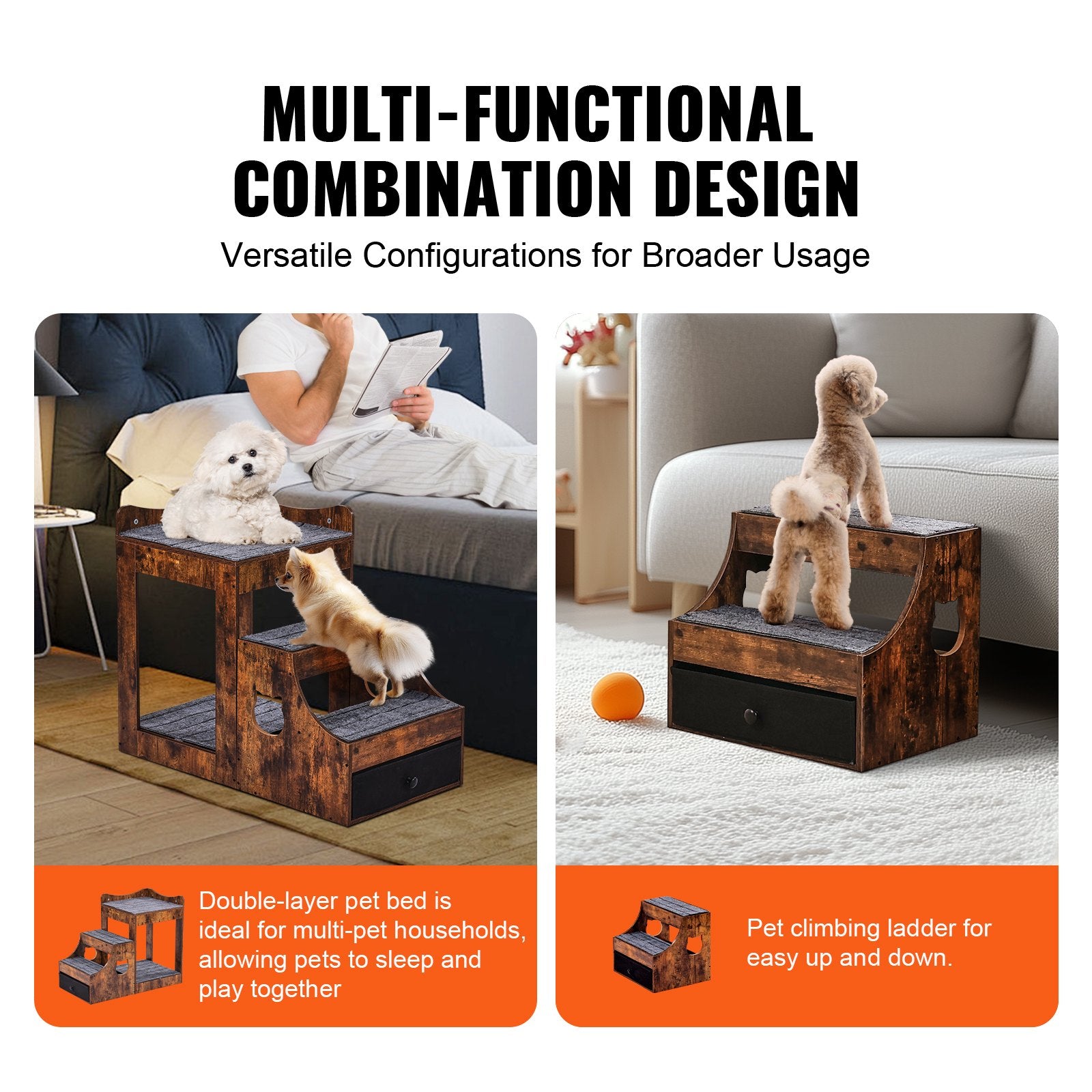 Pet Bunk Bed With Stairs Dog/Cat Window Perch With Storage Indoor Brown