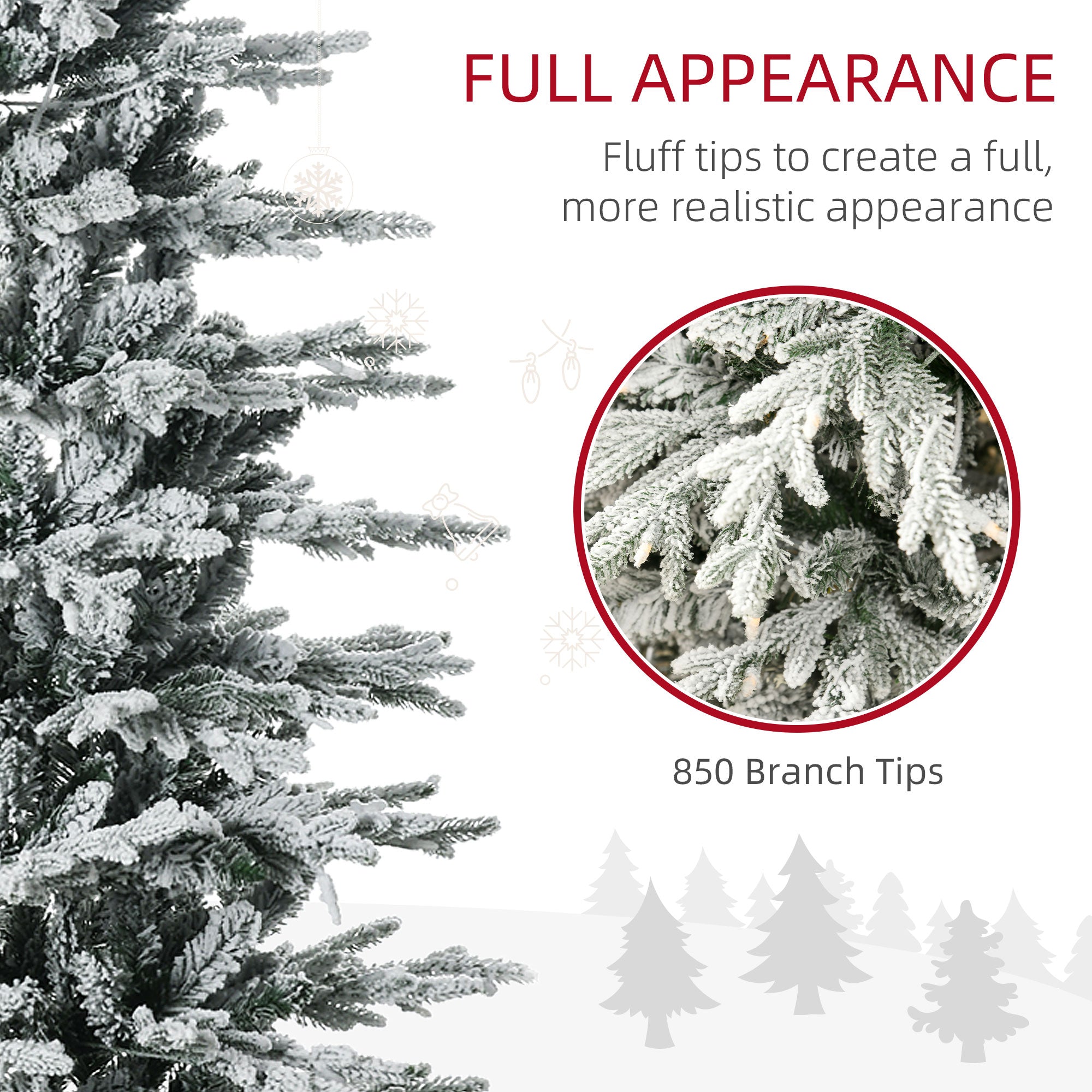 HOMCOM 7.5ft Tall Prelit Artificial Christmas Tree Holiday Decor With 850 Snow Flocked Branches, 350 Warm Yellow Clear Lights, Auto Open, Extra Bulb