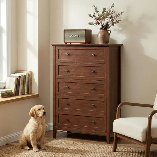Brown (1061 Solid Cherry Wood) P2 Particleboard + MDF Melamine 80*40*115cm Framed, Double Handles, Five Drawers Cabinet