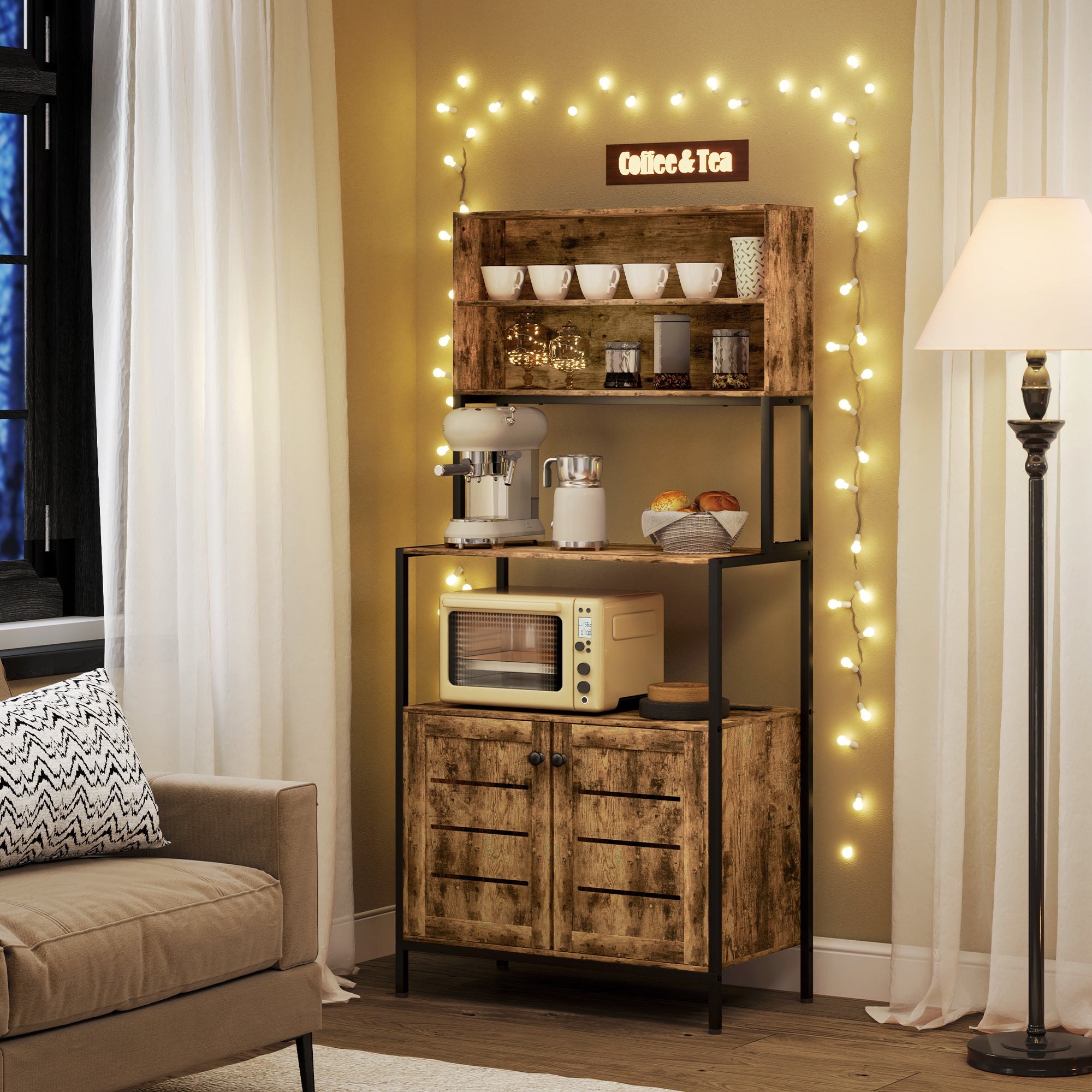 Baker's Rack with Power Outlet and Storage Shelves, Microwave Stand with Louvred Door Cabinets, Rustic Brown