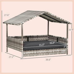 Wicker Dog House Elevated Raised Rattan Bed with Removable Cushion Lounge, Charcoal Gray